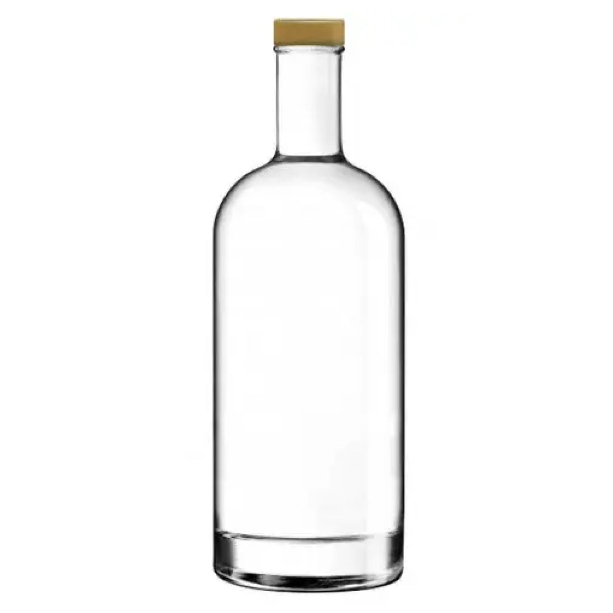 Fles Oslo 1,0 liter van helder glas, recht van voren gefotografeerd zonder opdruk met gouden dop.