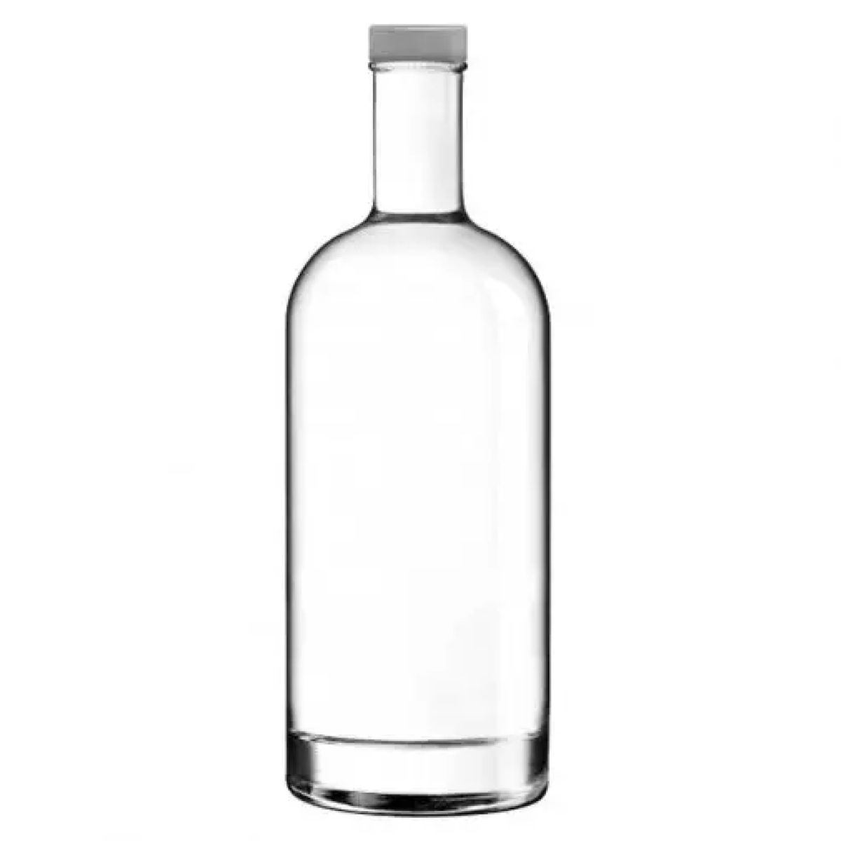Fles Oslo 1,0 liter van helder glas, recht van voren gefotografeerd zonder opdruk met zilveren dop.