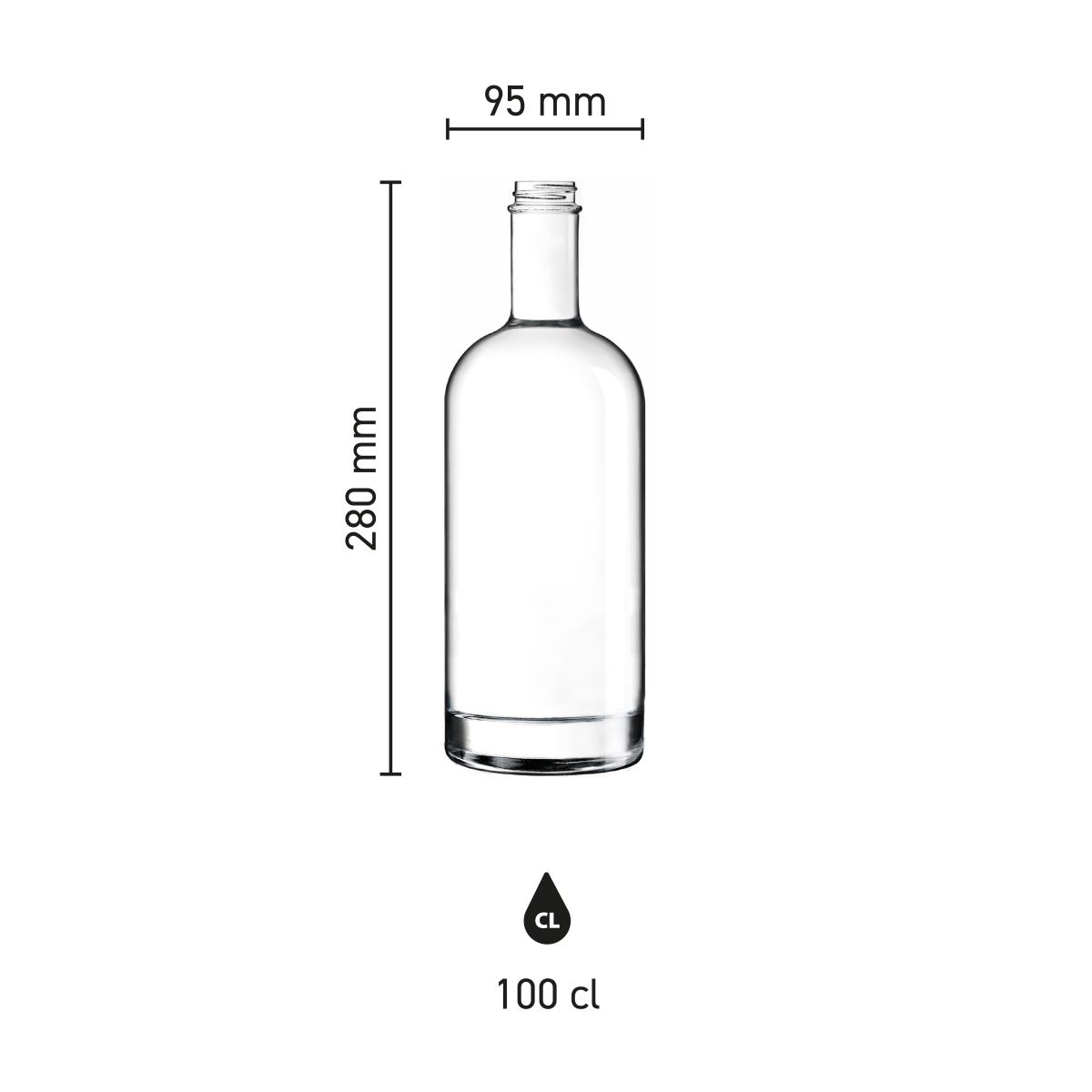 Infographic van hoogte en diameter van Fles Oslo 1,0 liter glas.