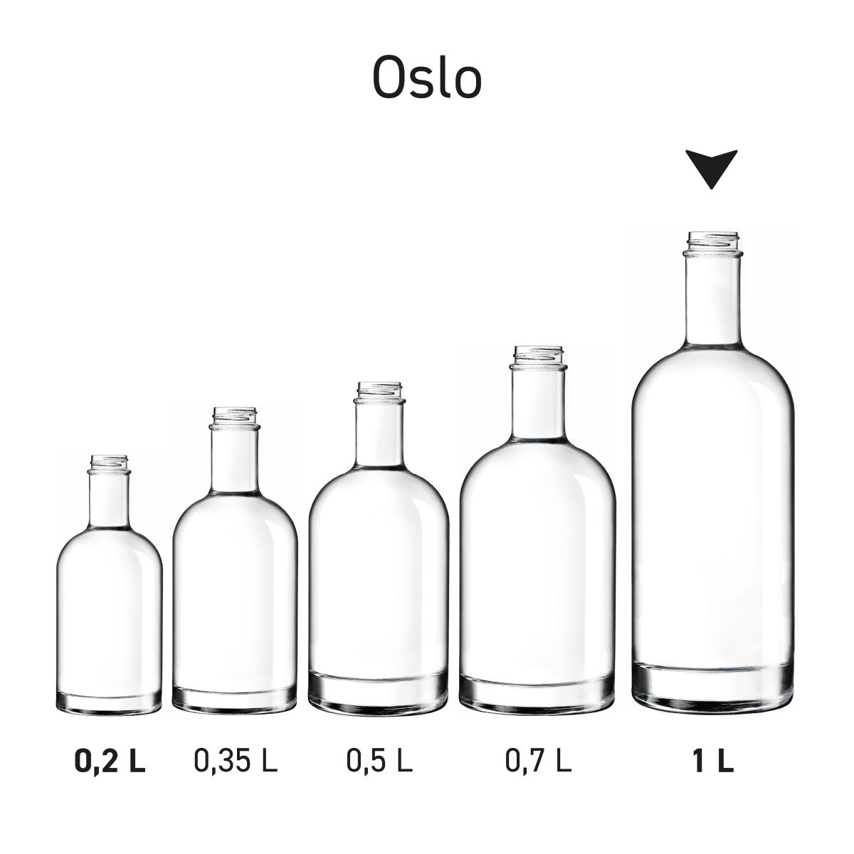 Serie Oslo flessen naast elkaar gepresenteerd als productlijn.