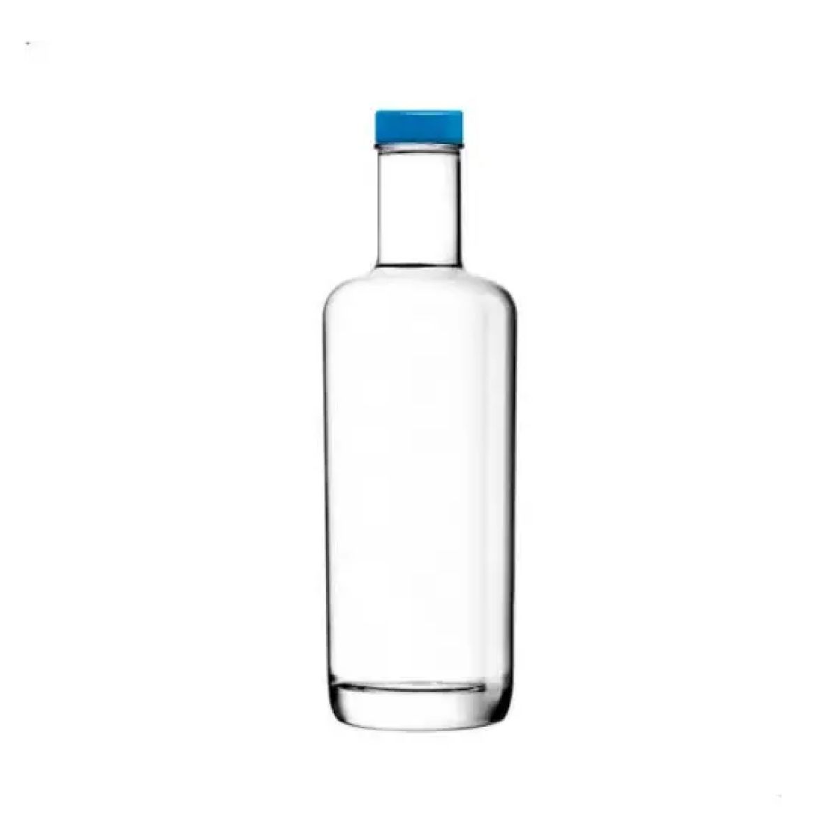 Cilindrische glazen fles Oxygen 0,5 liter met blauwe dop in vooraanzicht, met smalle hals en brede bodem.