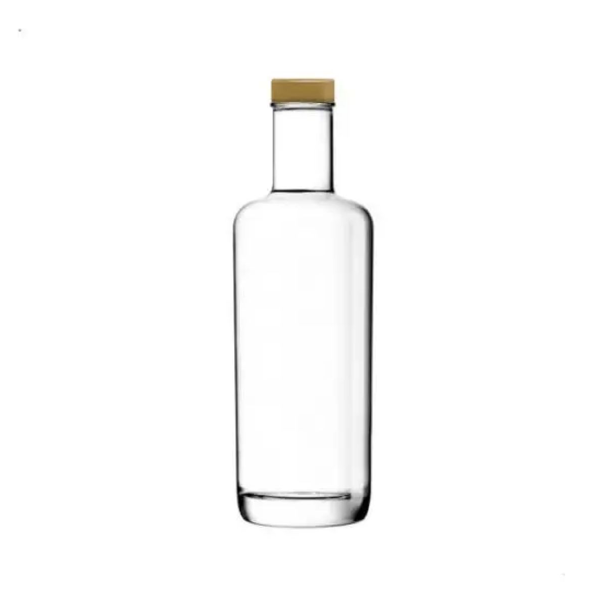 Cilindrische glazen fles Oxygen 0,5 liter met gouden dop in vooraanzicht, met smalle hals en brede bodem.