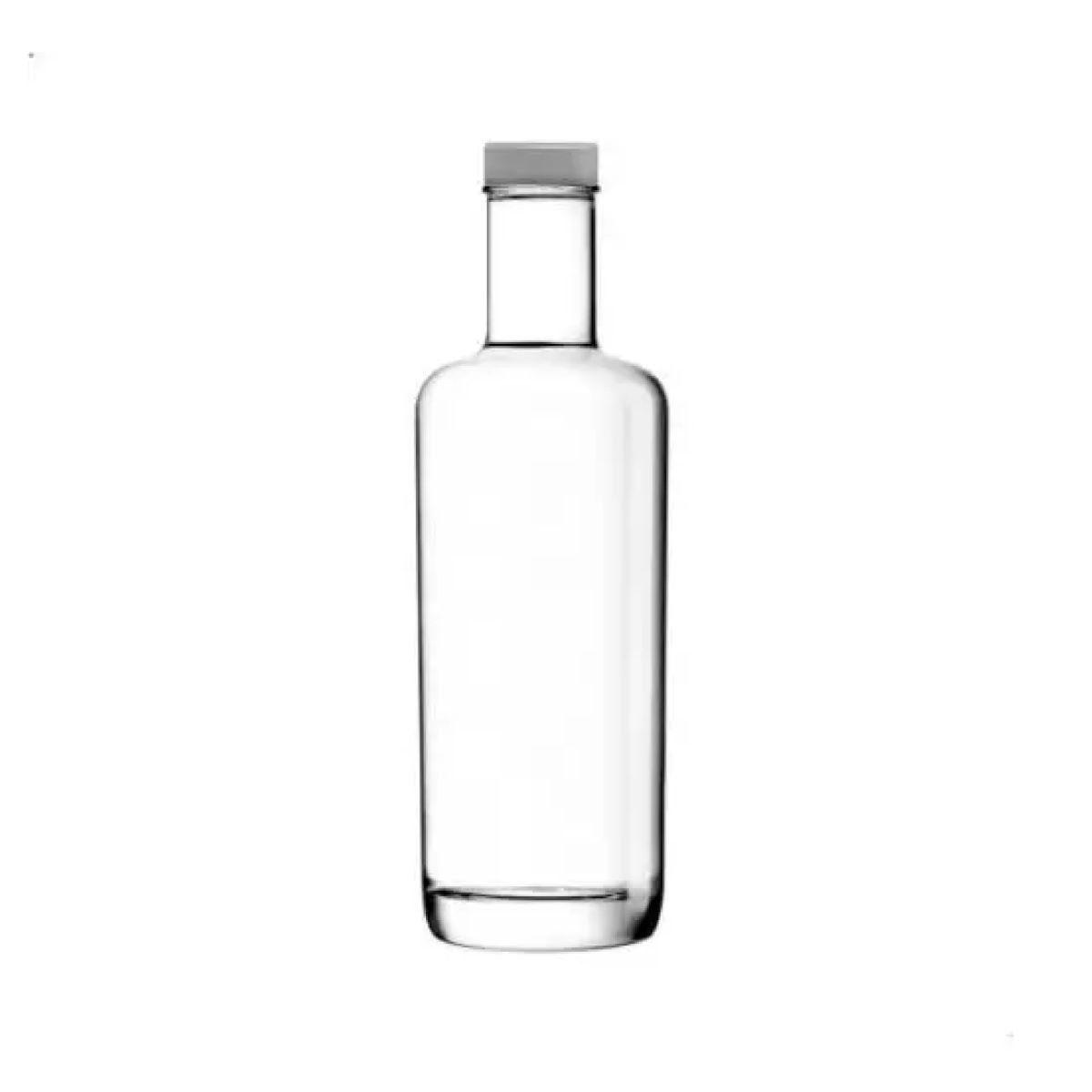 Cilindrische glazen fles Oxygen 0,5 liter met zilveren dop in vooraanzicht, met smalle hals en brede bodem.