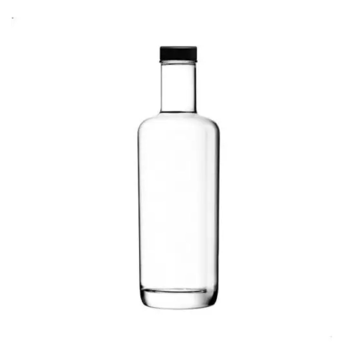 Cilindrische glazen fles Oxygen 0,5 liter met zwarte dop in vooraanzicht, met smalle hals en brede bodem.
