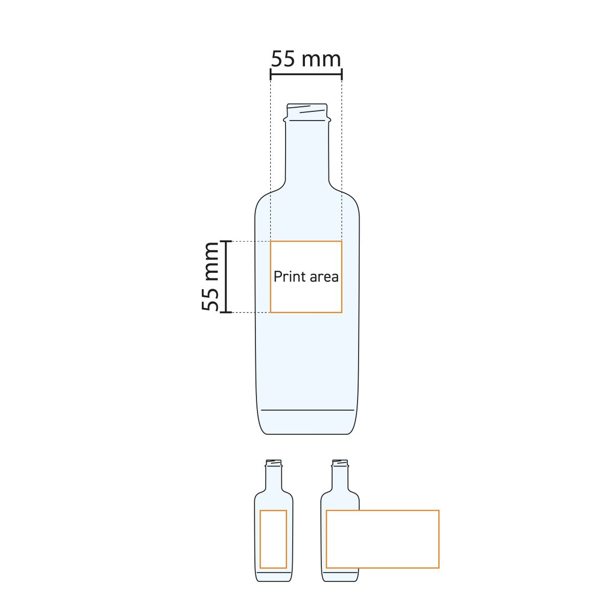 Technische werktekening met drukgebied van fles Oxygen 0,5 liter van helder glas.