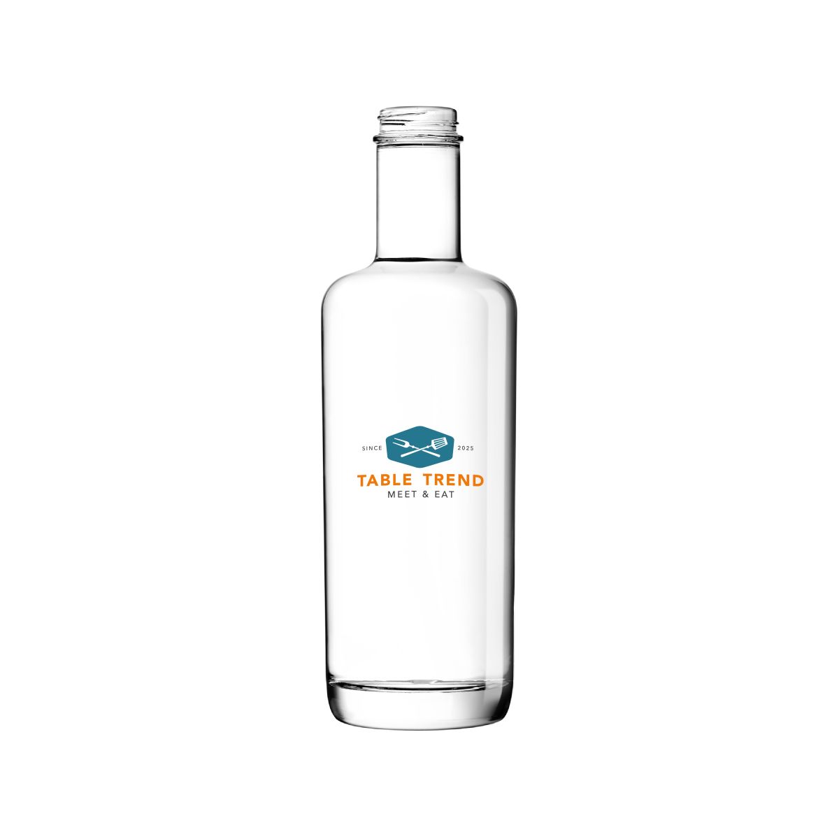 Fles Oxygen 0,5 liter met meerkleurig bedrukt logo TableTrend op de voorzijde van het glas.