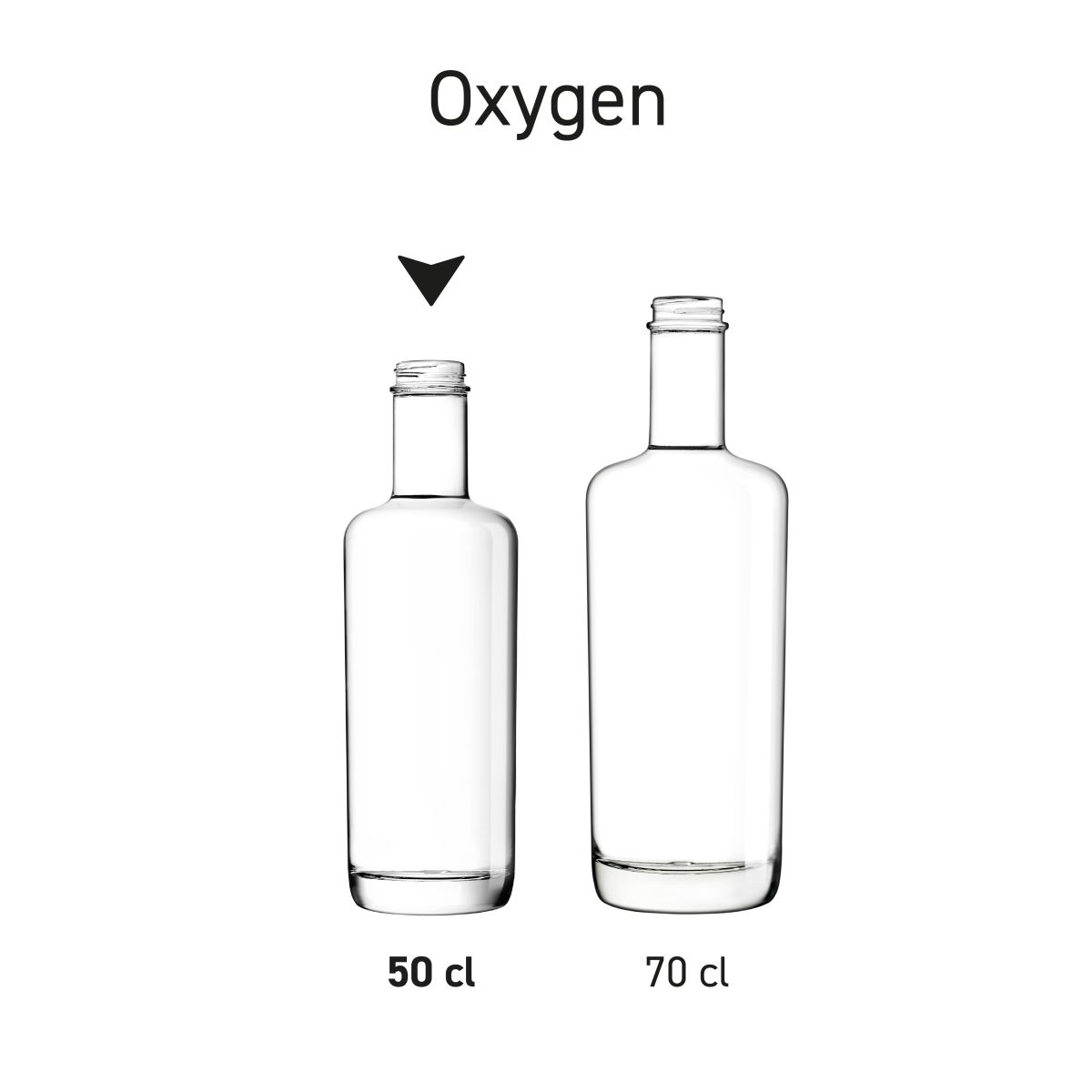 Set van meerdere flessen Oxygen, overzicht in serie gepresenteerd.