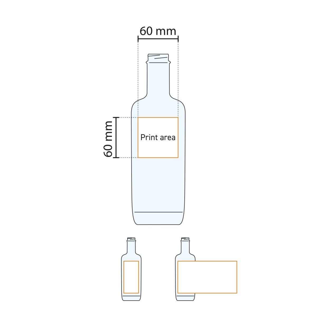 Technische werktekening met aanduiding van drukgebied op de fles Oxygen 0,7 liter.