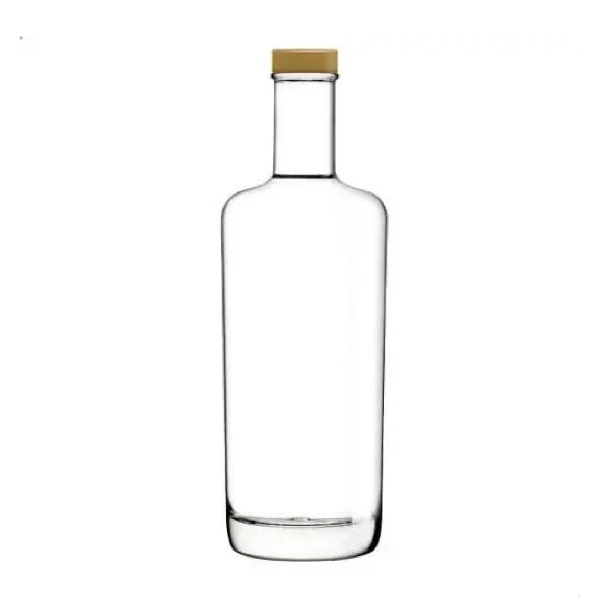 Voorzijde van glazen fles Oxygen 0,7 liter met gouden dop, rechtopstaand met lange, smalle hals.