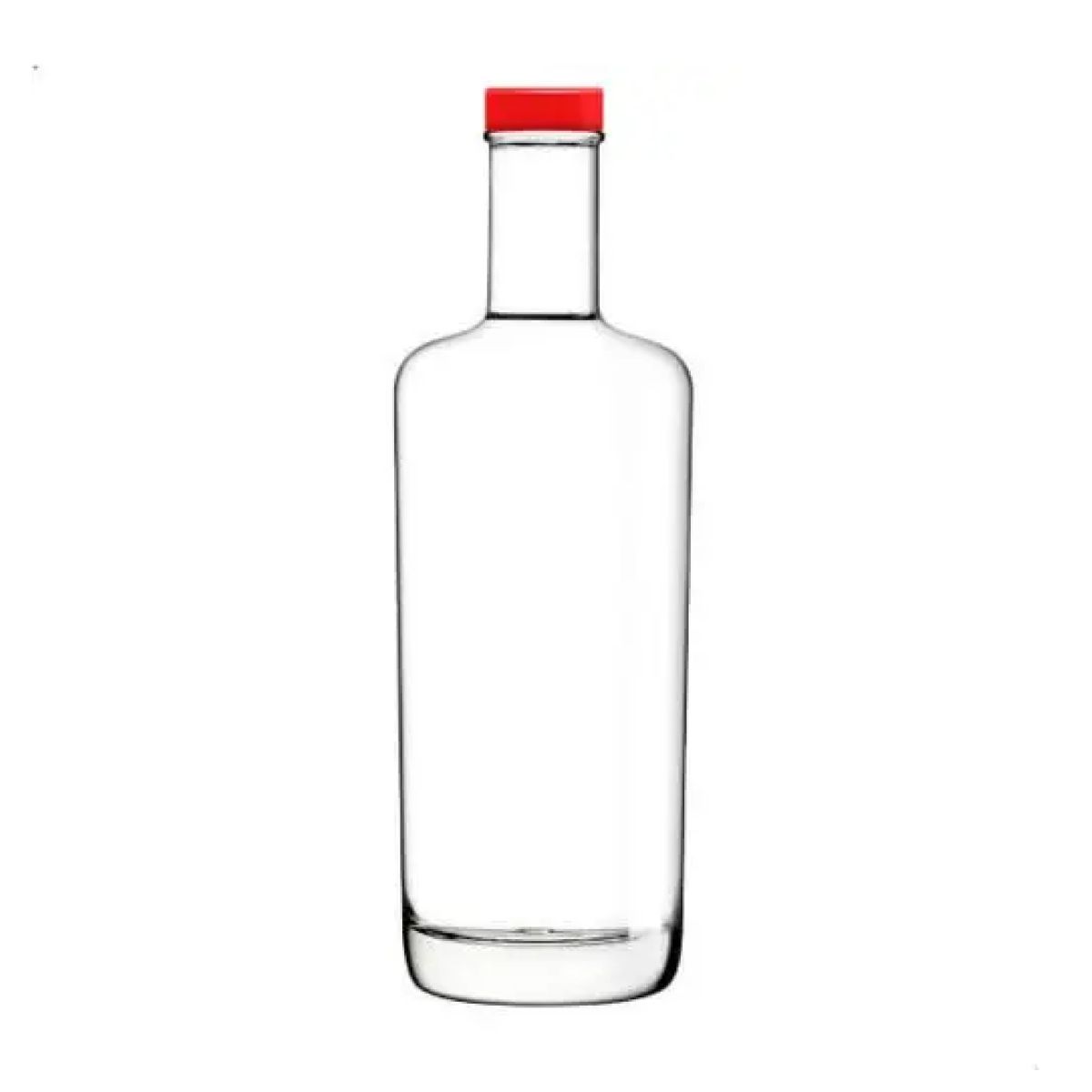 Voorzijde van glazen fles Oxygen 0,7 liter met rode dop, rechtopstaand met lange, smalle hals.