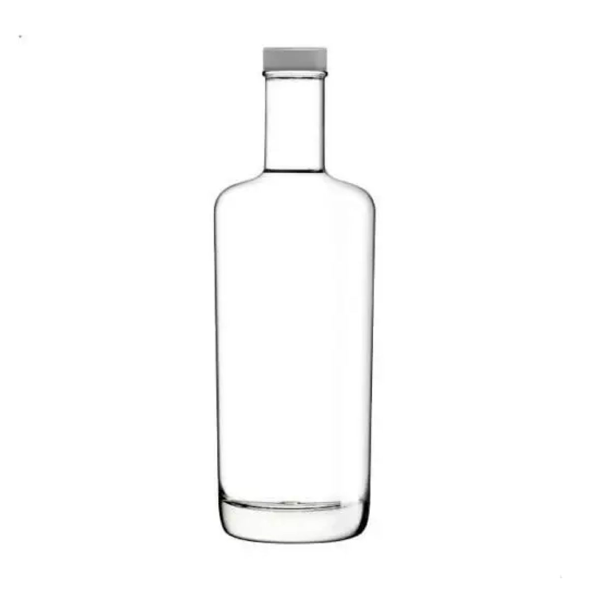 Voorzijde van glazen fles Oxygen 0,7 liter met zilveren dop, rechtopstaand met lange, smalle hals.