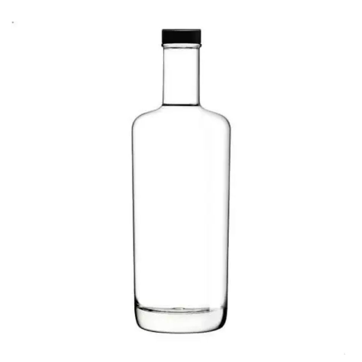 Voorzijde van glazen fles Oxygen 0,7 liter met zwarte dop, rechtopstaand met lange, smalle hals.