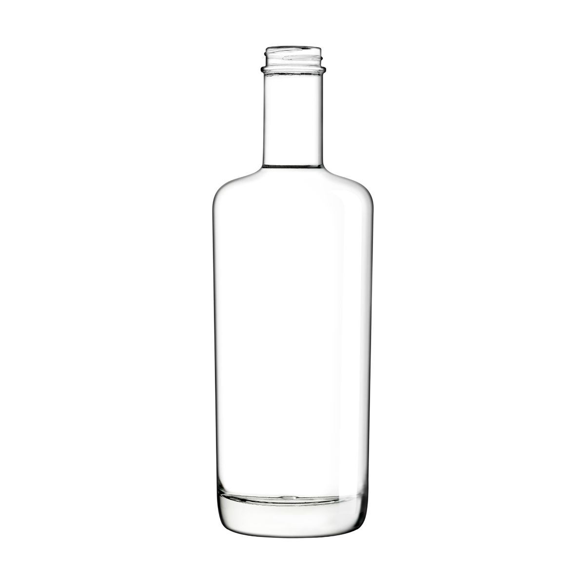 Voorzijde van glazen fles Oxygen 0,7 liter, rechtopstaand met lange, smalle hals.