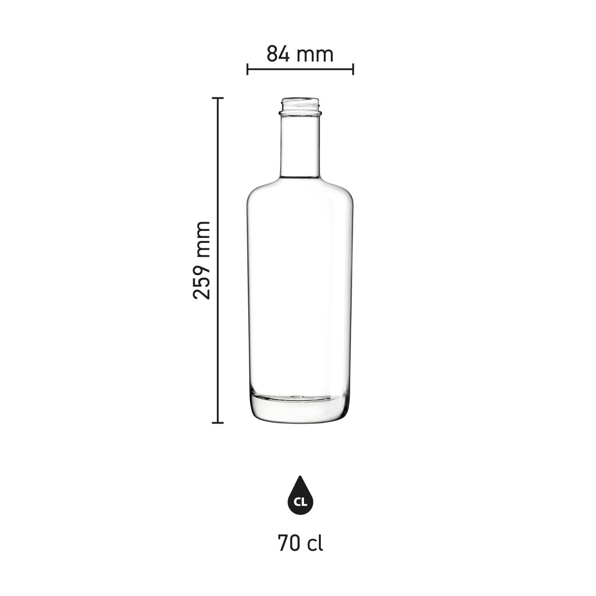 Infographic toont gedetailleerde afmetingen van de glazen fles Oxygen 0,7 liter.