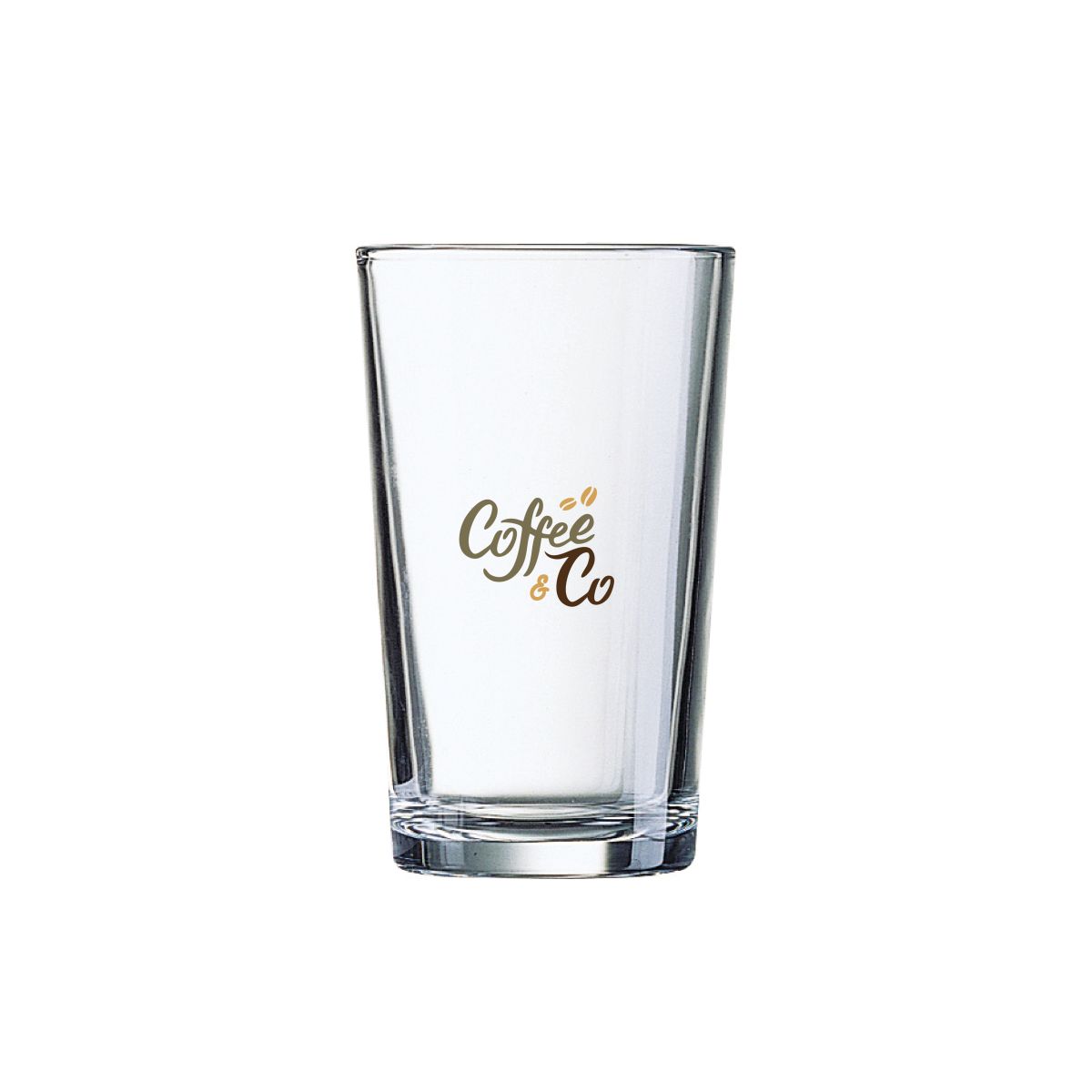 Glas Conique 8 cl met bedrukt CoffeeCo-logo in meerdere kleuren op de voorzijde.