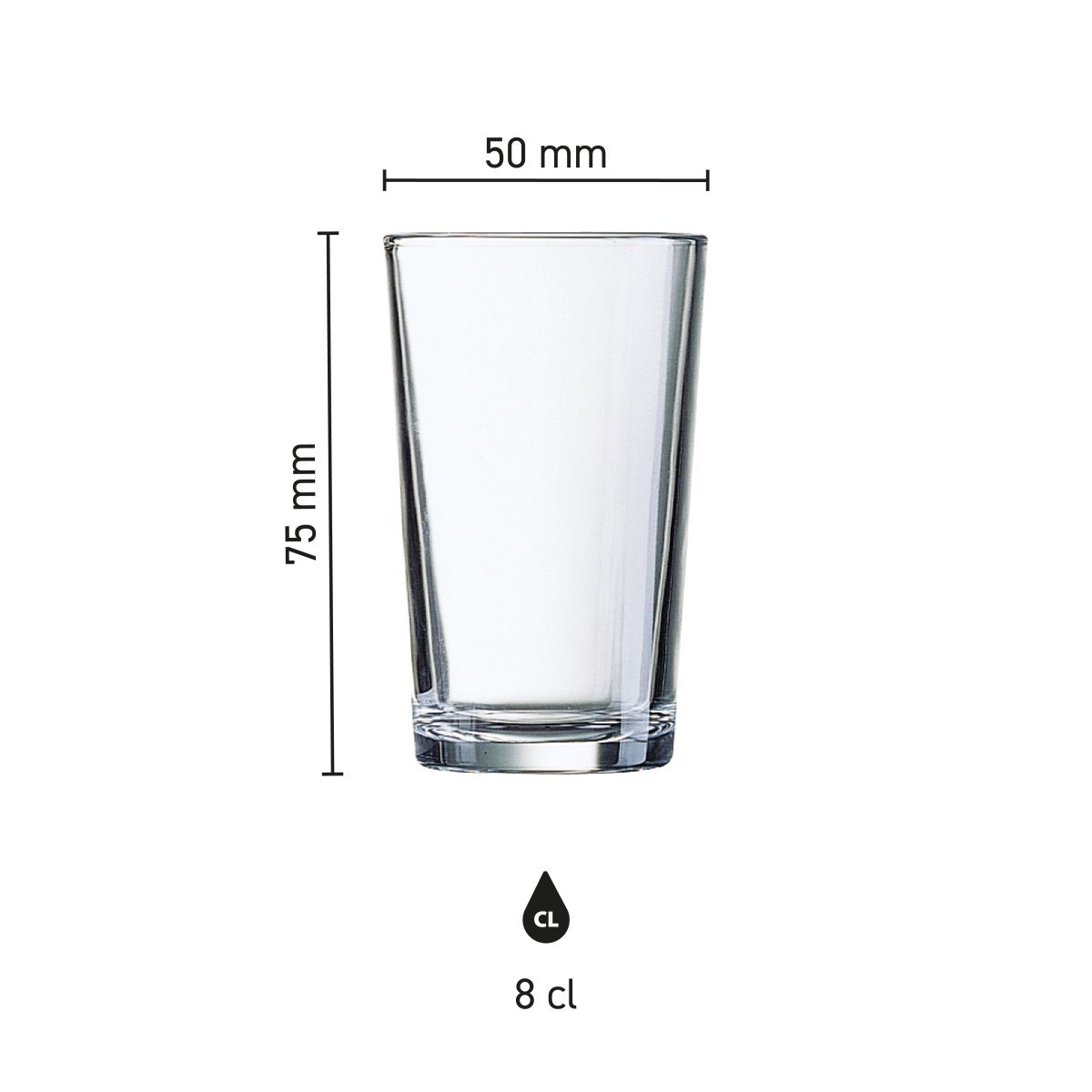 Infographic toont hoogte, diameter en inhoud van het glas Conique 8 cl in detail.