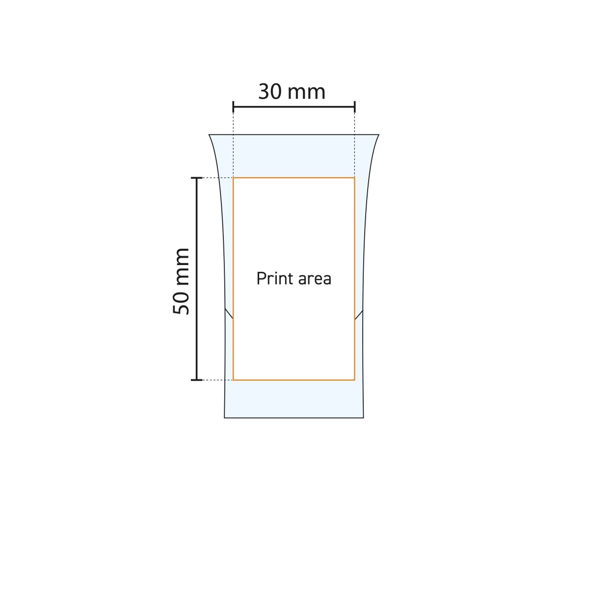Illustratie van het drukgebied op het HotShot glas 3,4 cl voor positionering van bedrukking.