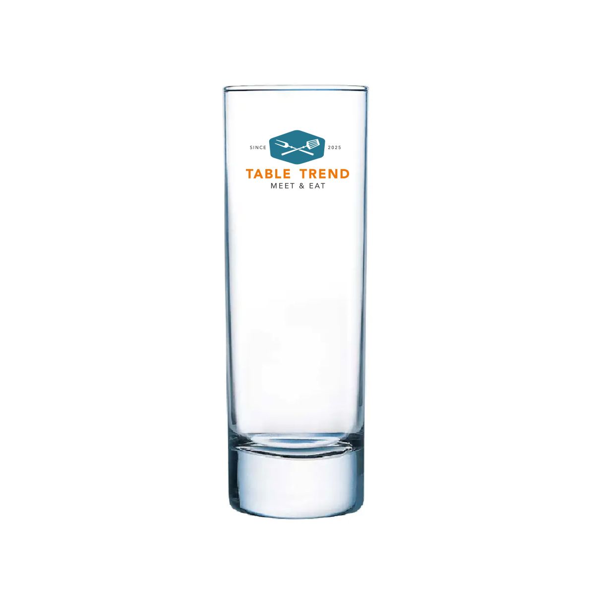 Longdrinkglas 22 cl van glas met TableTrend-logo in meerdere kleuren op het vooraanzicht.