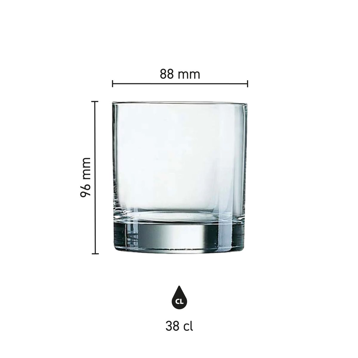 Infographic toont hoogte, diameter en inhoud van het Islande Tumbler glas 38 cl.