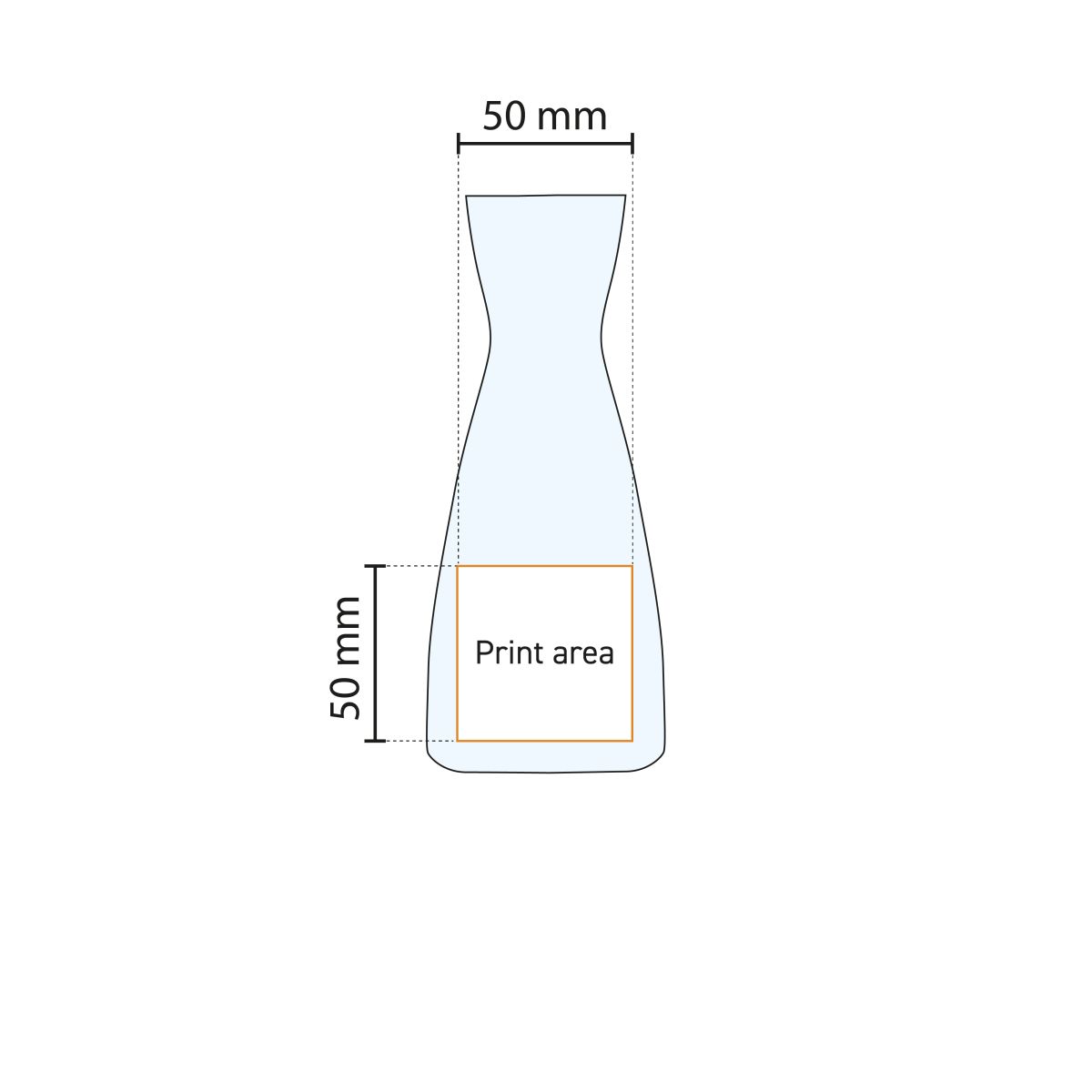 Technische werktekening met aanduiding van drukgebied op Karaf Ypsilon 0,25 liter glas.