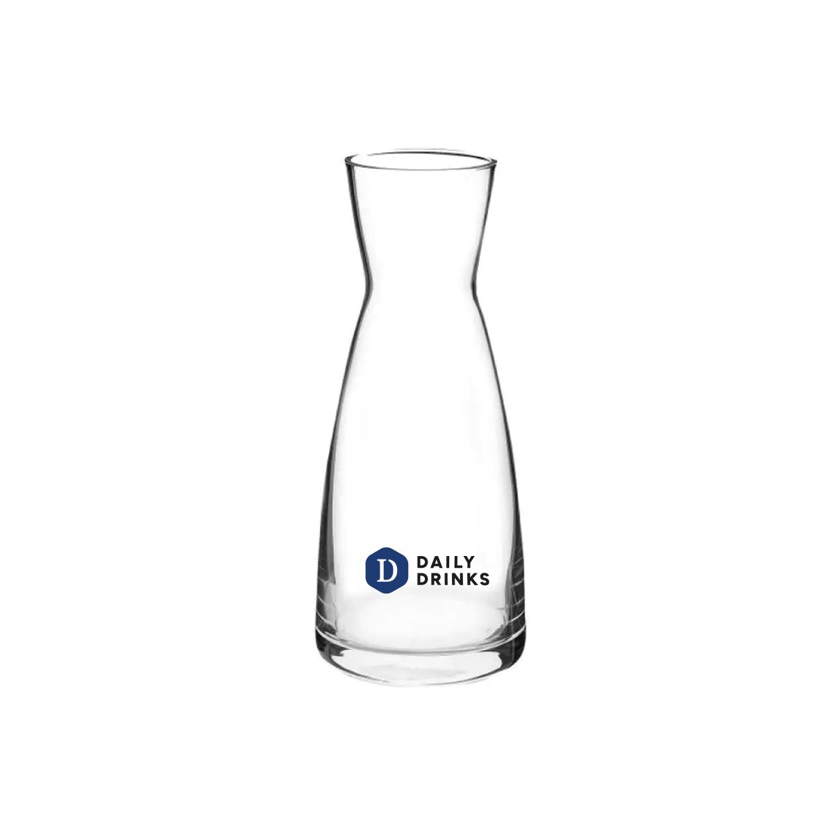 Glazen karaf 0,25 liter bedrukt met meerkleurig DailyDrinks-logo op de voorzijde.