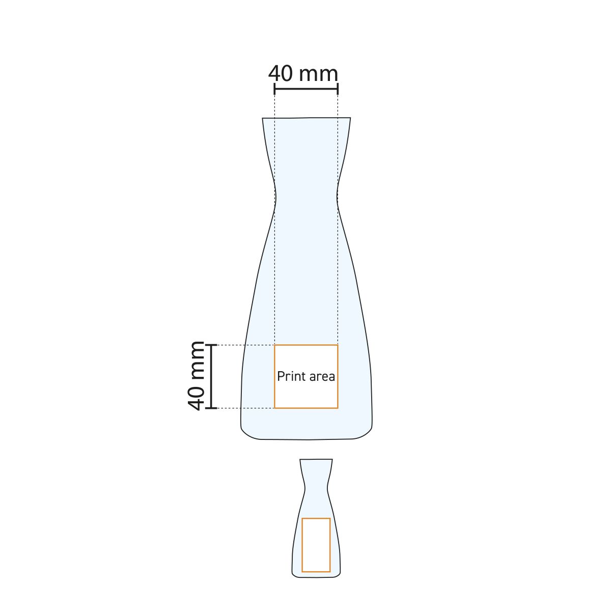 Technische werktekening geeft drukgebied aan op de karaf Ypsilon 1 liter van glas.