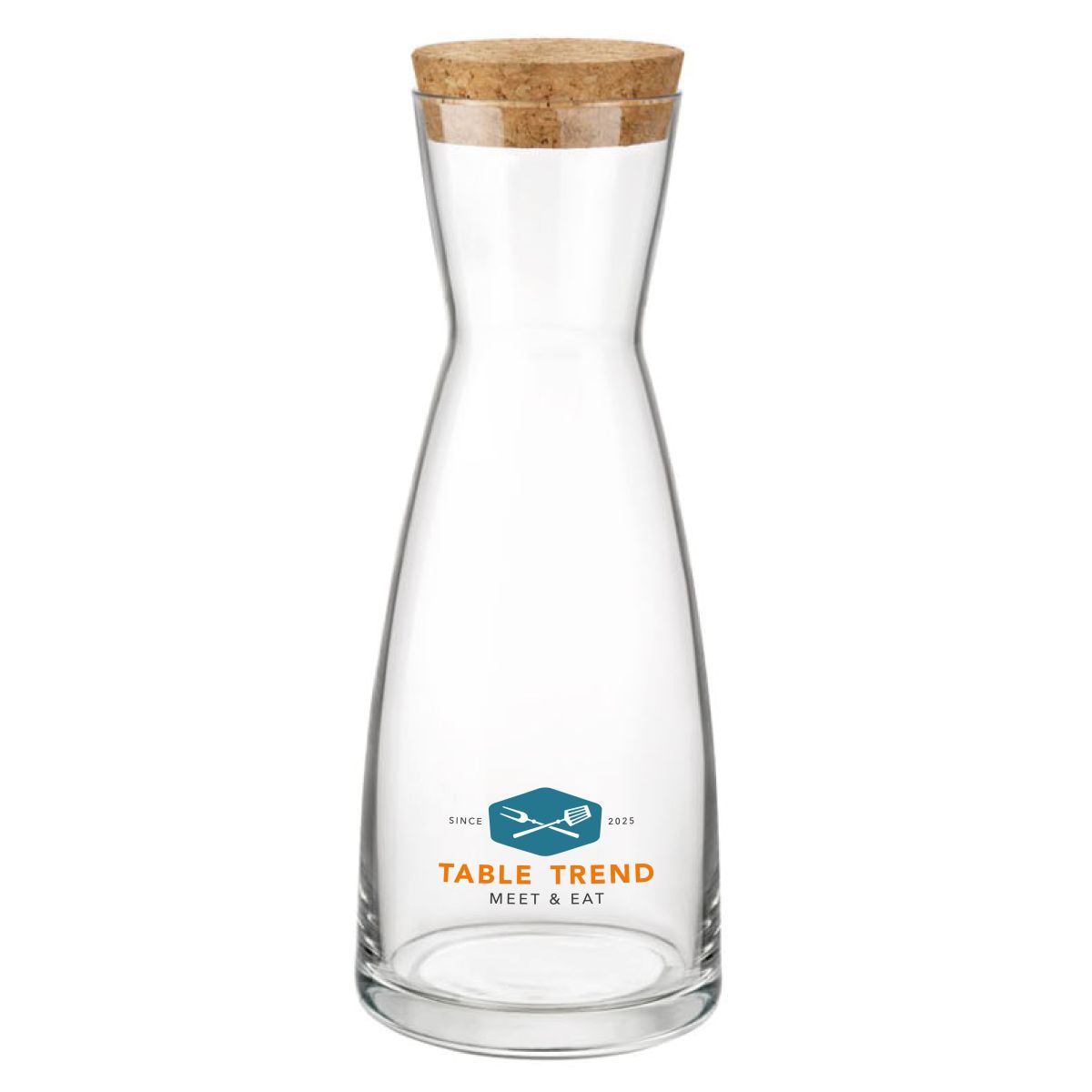 Ypsilon karaf 1 liter met meerkleurig bedrukt TableTrend-logo op de voorzijde van het glas.