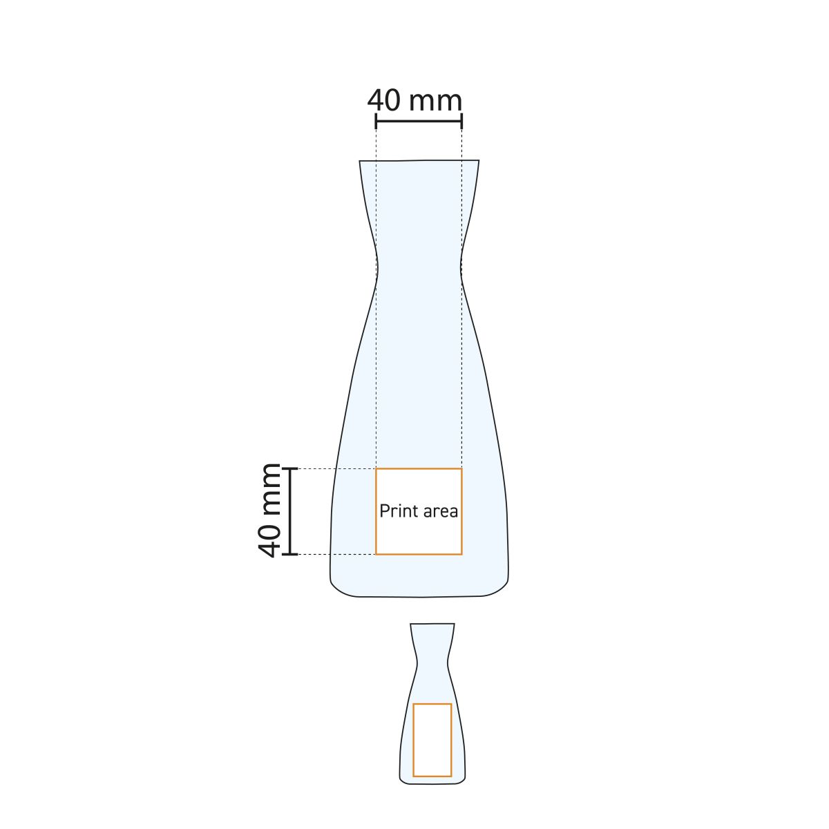 Drukgebiedweergave van Karaf Ypsilon 1 liter glas met gemarkeerd logo-oppervlak.