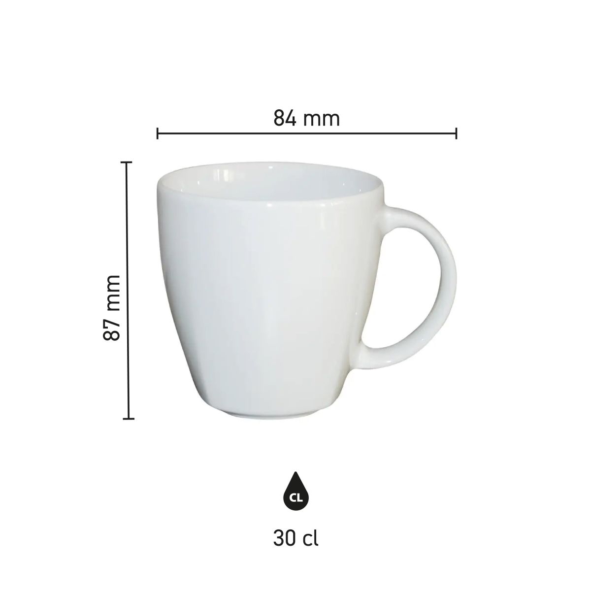 Infographic toont de productafmetingen van de Kirsten mok wit 30 cl. in schaalweergave.