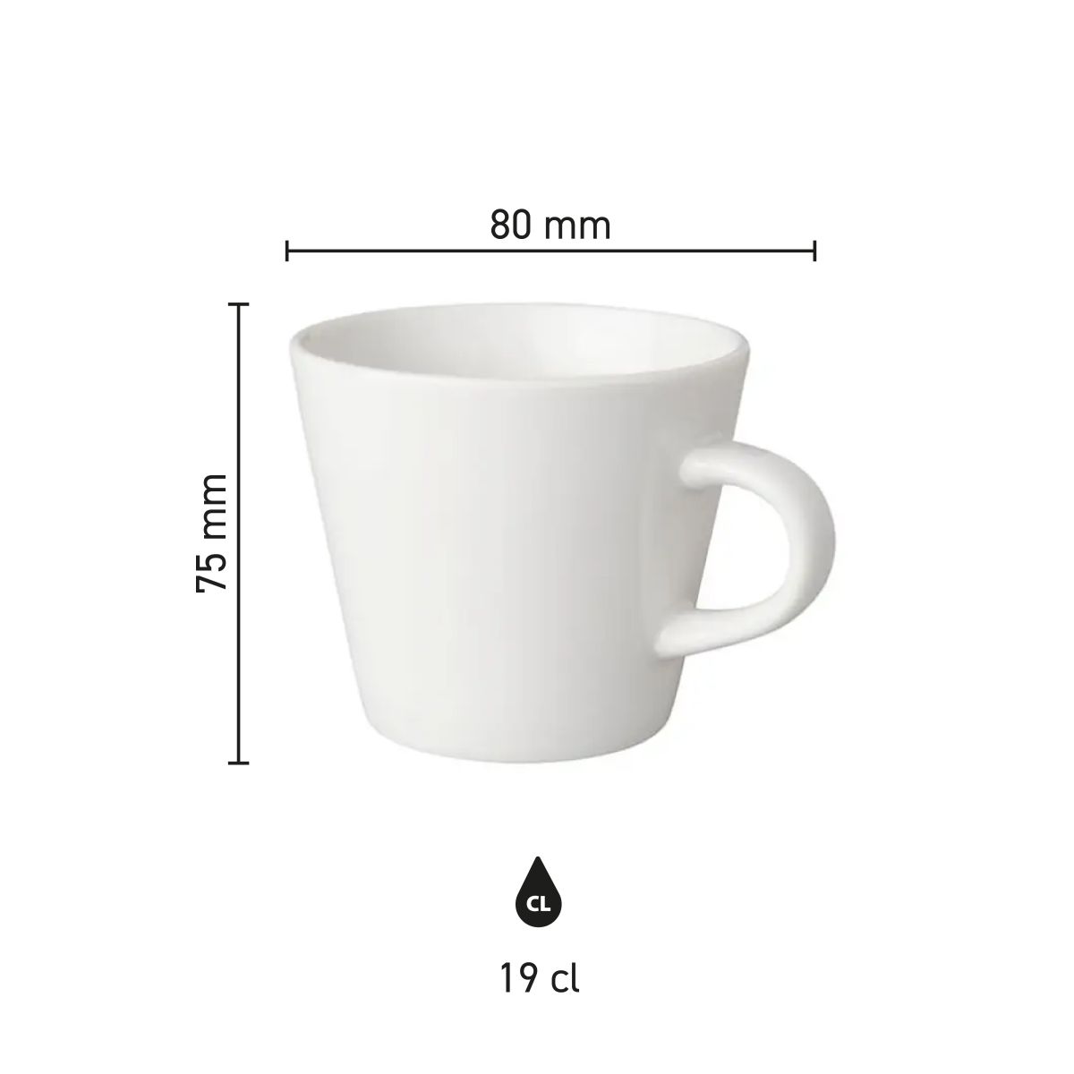 Maten van de Neo Budgetline koffiekop 19 cl. wit porselein in infographic met hoogte en diameter.