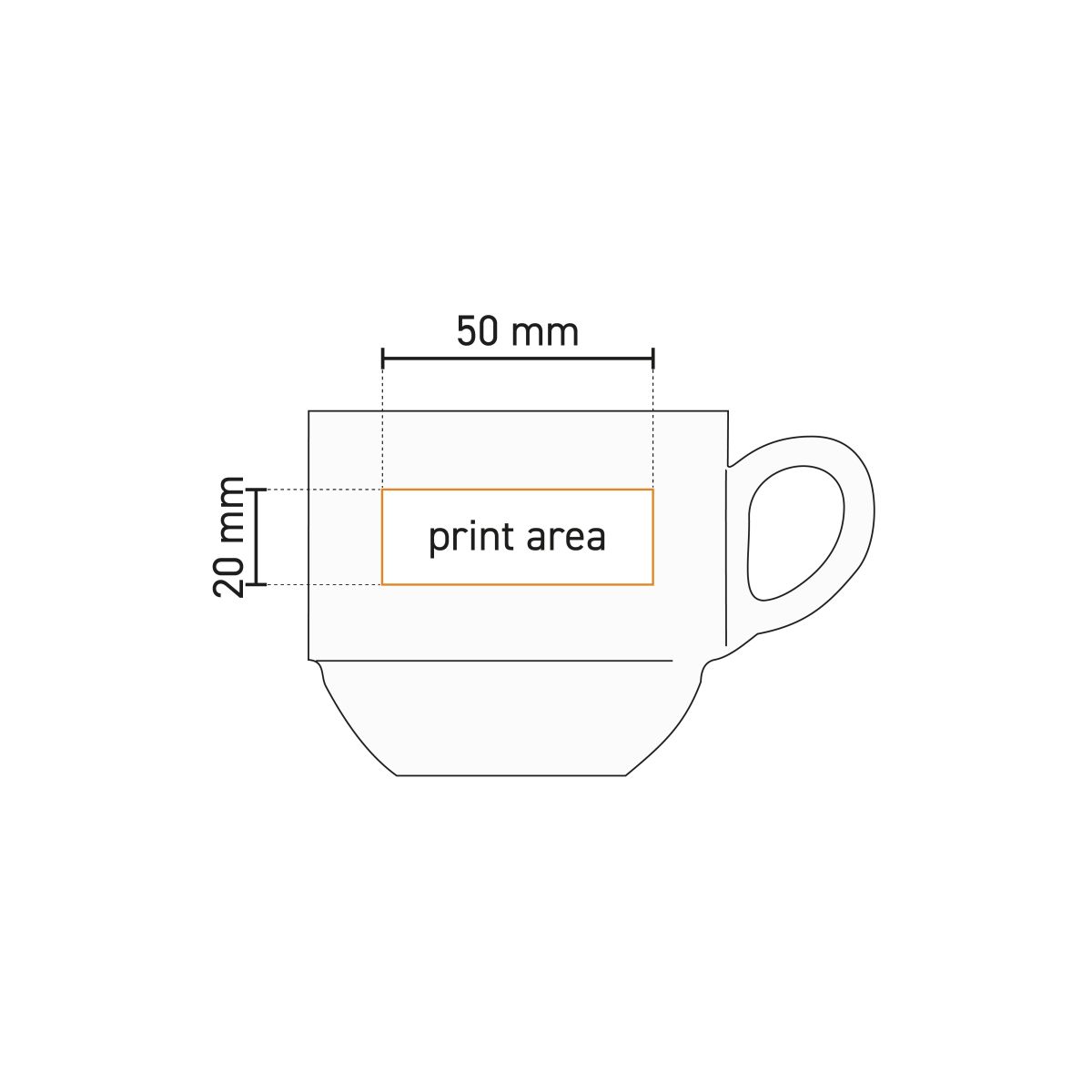 Technische werktekening van koffiekop Mammoet Budgetline 20 cl. porselein met aanduiding drukgebied.