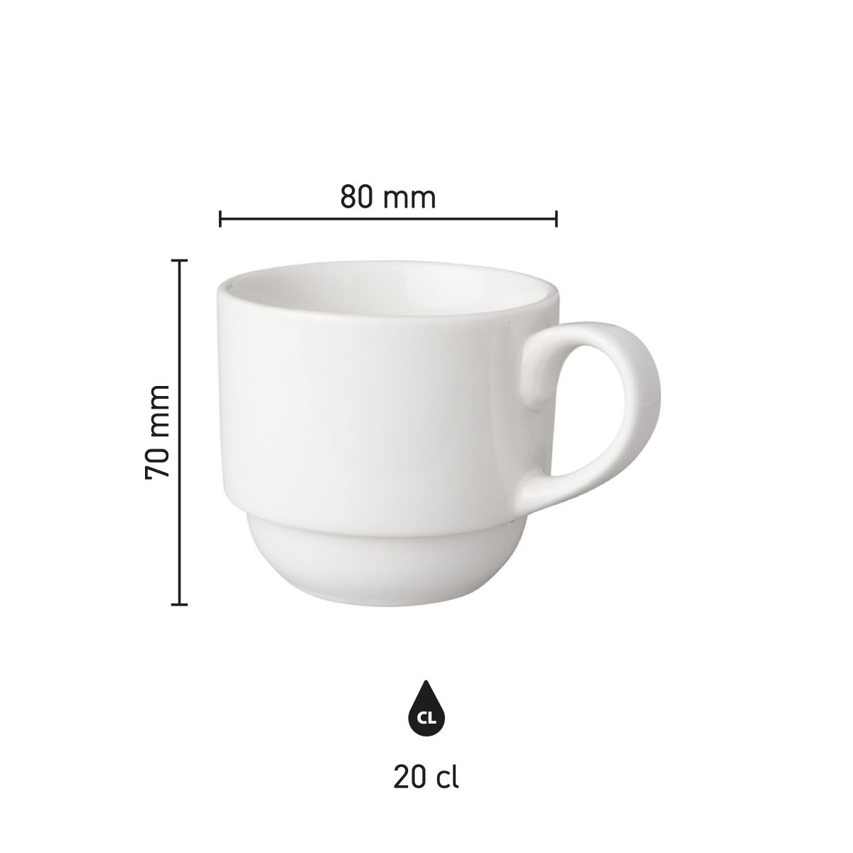 Infographic toont de afmetingen van koffiekop Mammoet Budgetline 20 cl. porselein met doorsnede en hoogte.