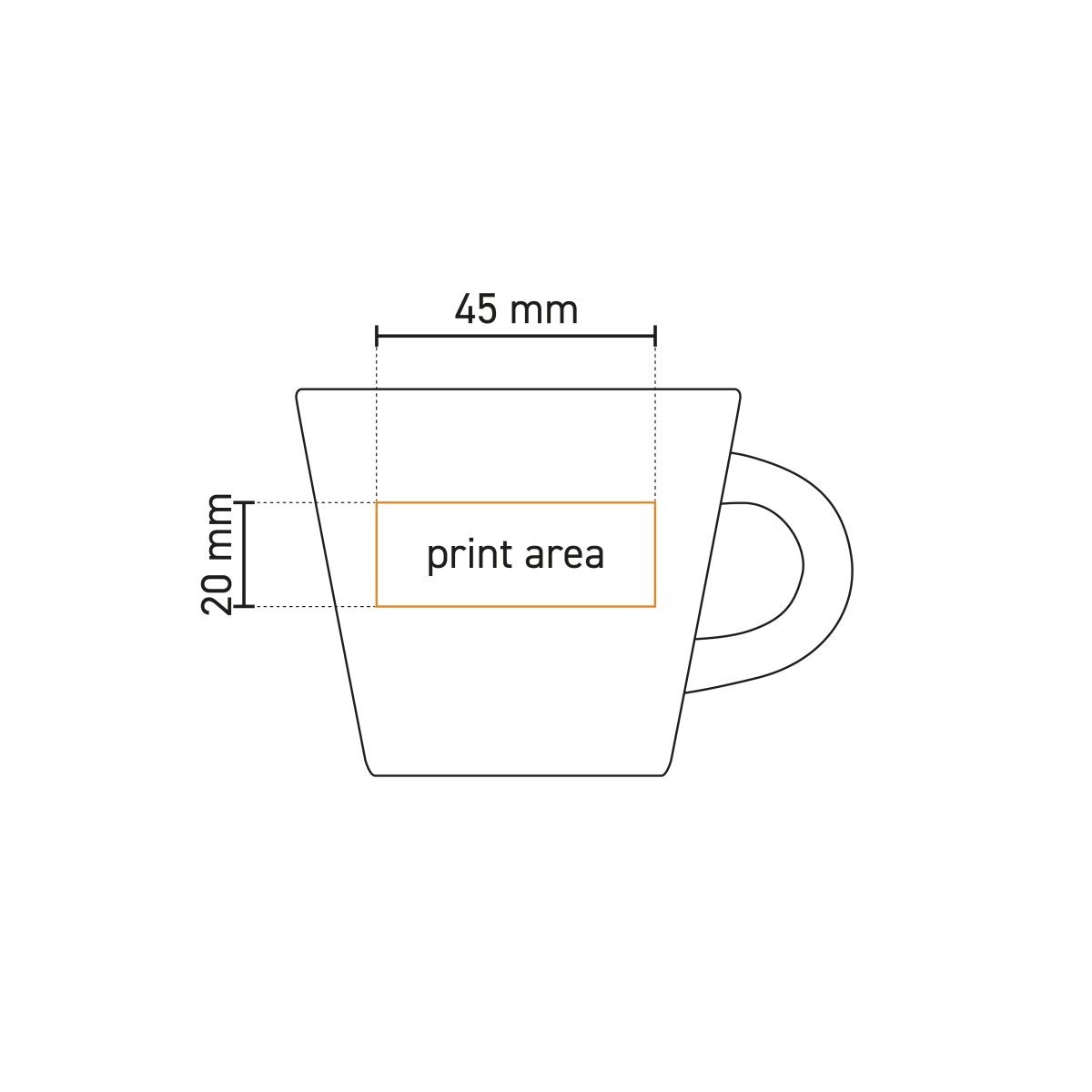 Technische werktekening van koffiekop Neo Budgetline 19 cl porselein, met aanduiding van het drukgebied op de voorzijde.