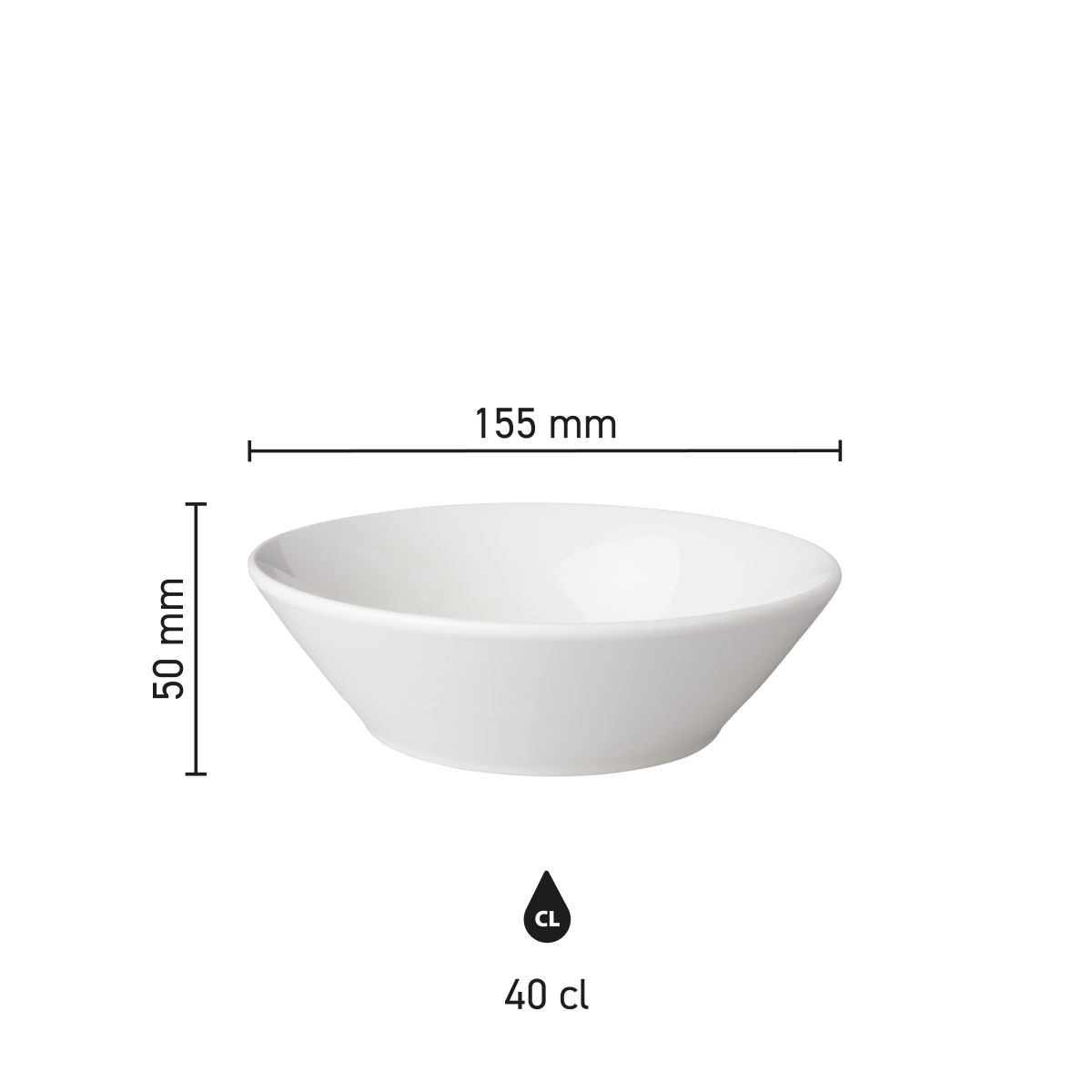 Infographic met afmetingen van porseleinen kom Mammoet Neo Budgetline 15,5 cm inclusief diameter en hoogte.