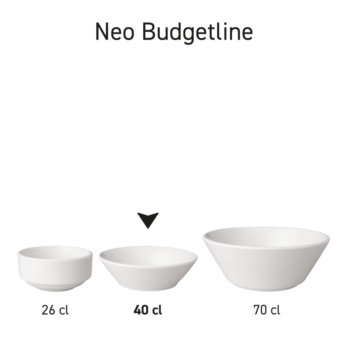 Overzichtsbeeld van serie porseleinen kommen Mammoet Neo Budgetline 15,5 cm in verschillende opstellingen.
