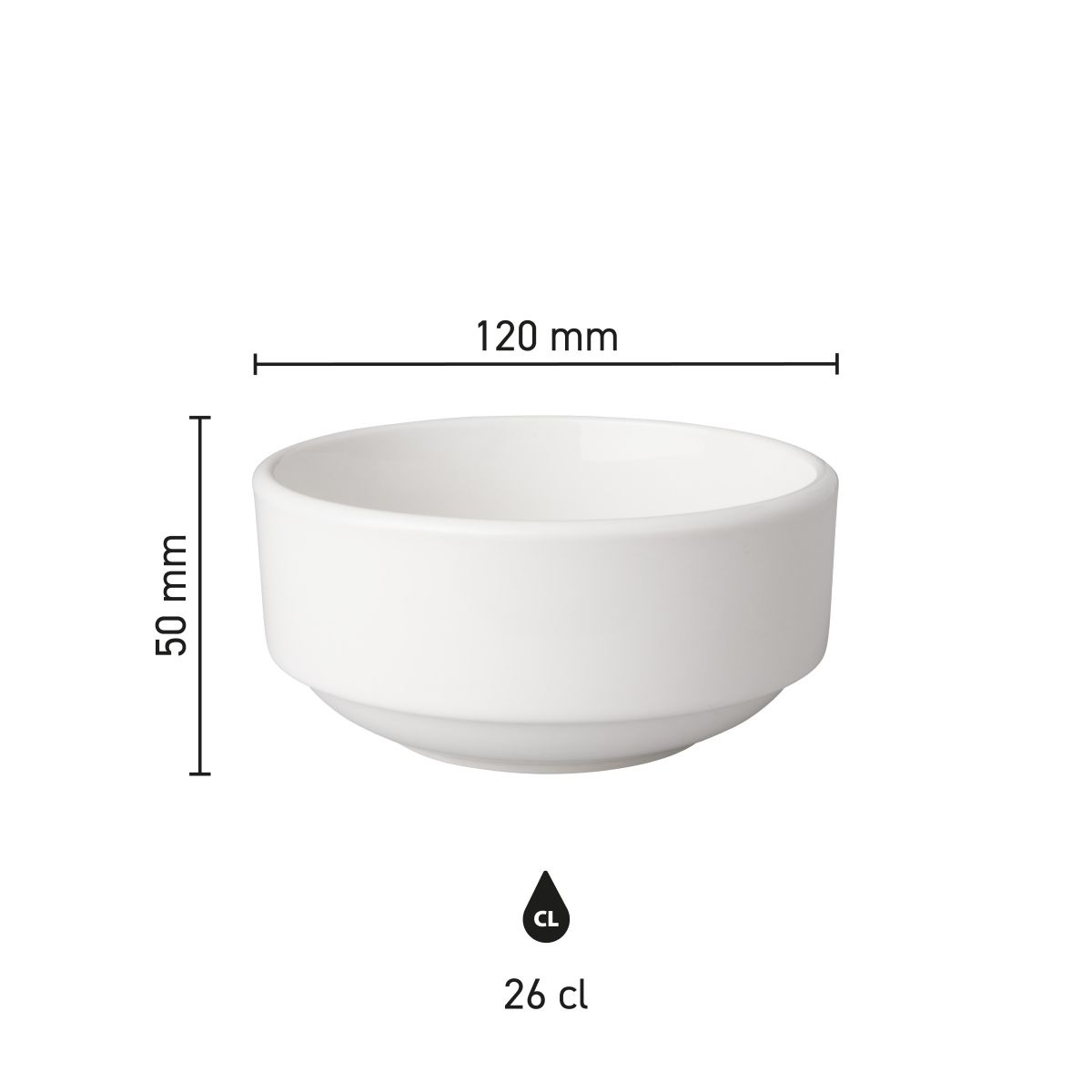 Infographic met afmetingen van porseleinen kom Budgetline 11 cm, inclusief diameter en hoogte in beeld.