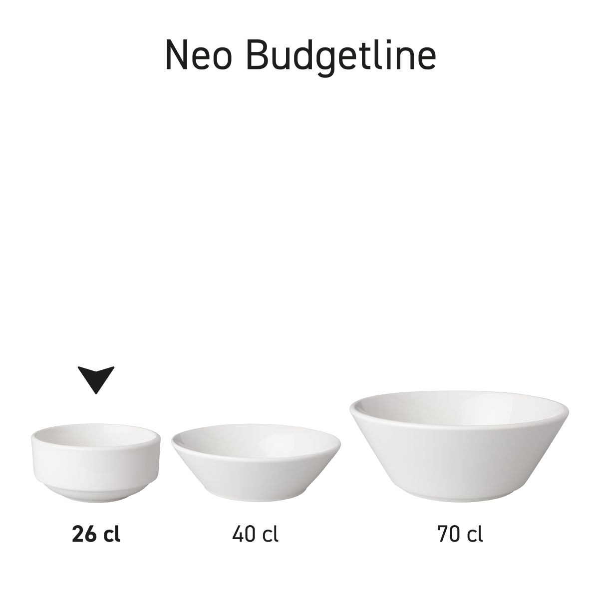 Overzicht van porseleinen kommen Budgetline in serieopstelling, wit model in diverse posities.