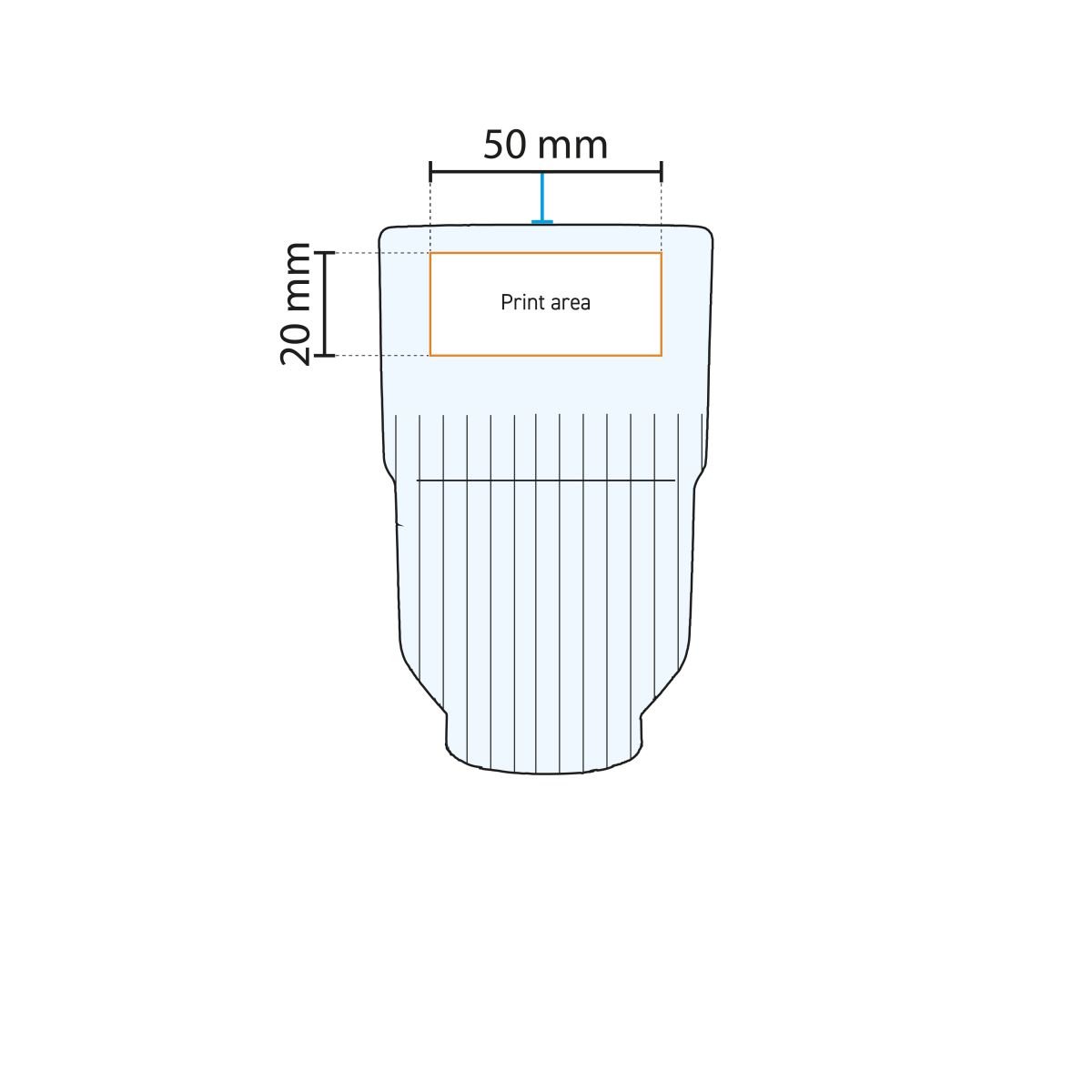 Drukgebied voor personalisatie op glas Onis 34,5 cl weergegeven in technische werktekening.