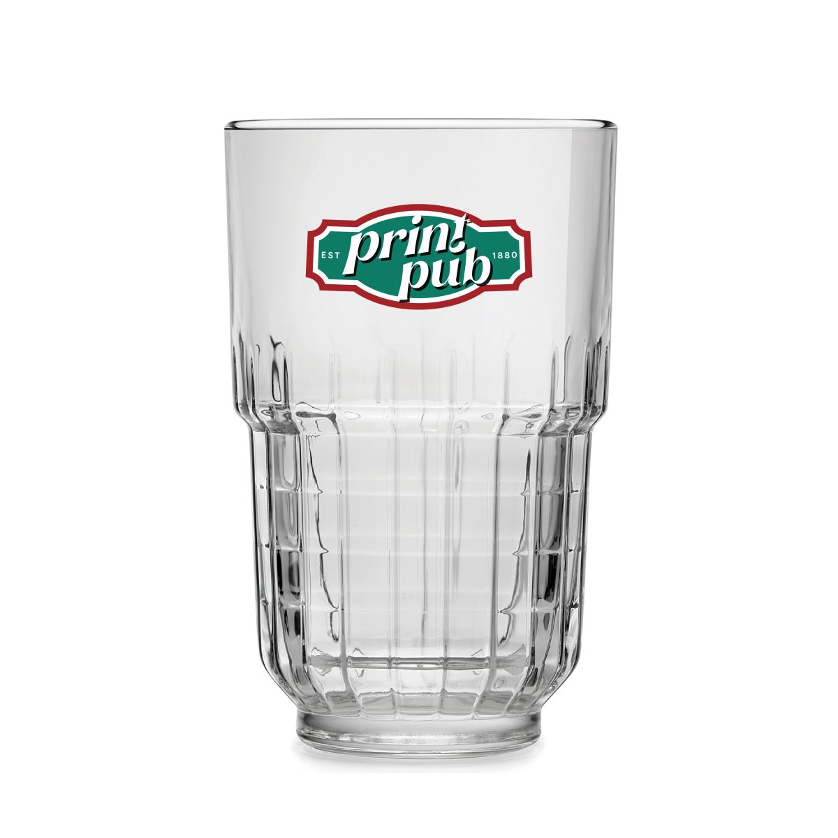 Meerkleurige PrintPub-logo op het vooraanzicht van Onis longdrinkglas 34,5 cl.