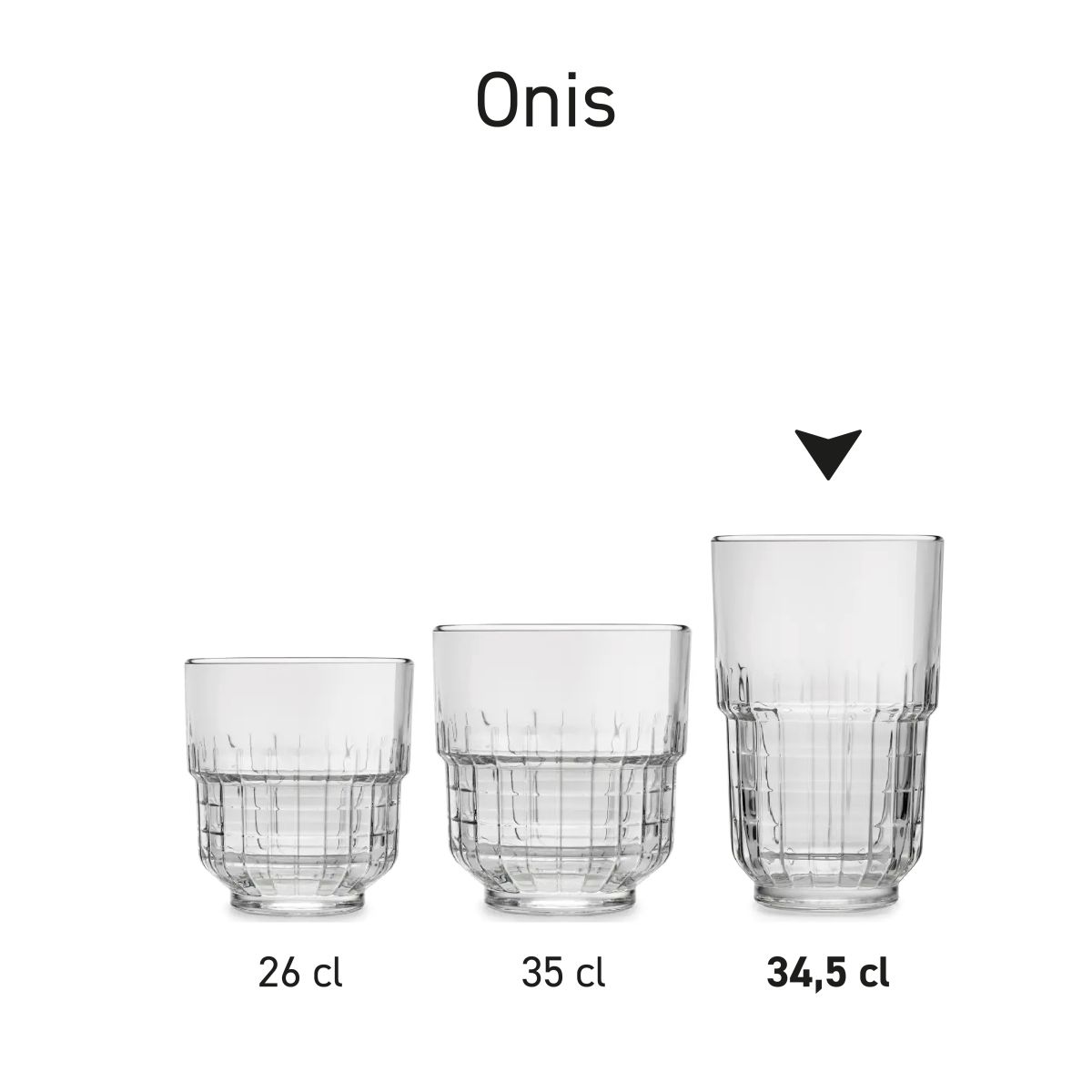 Serie Onis glazen van 34,5 cl gepresenteerd als uniforme productlijn in overzicht.