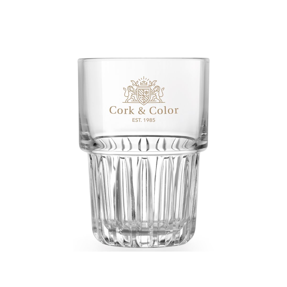 Eénkleurig logo van CorkColor zichtbaar op het vooraanzicht van Onis Everest glas 26,5 cl.