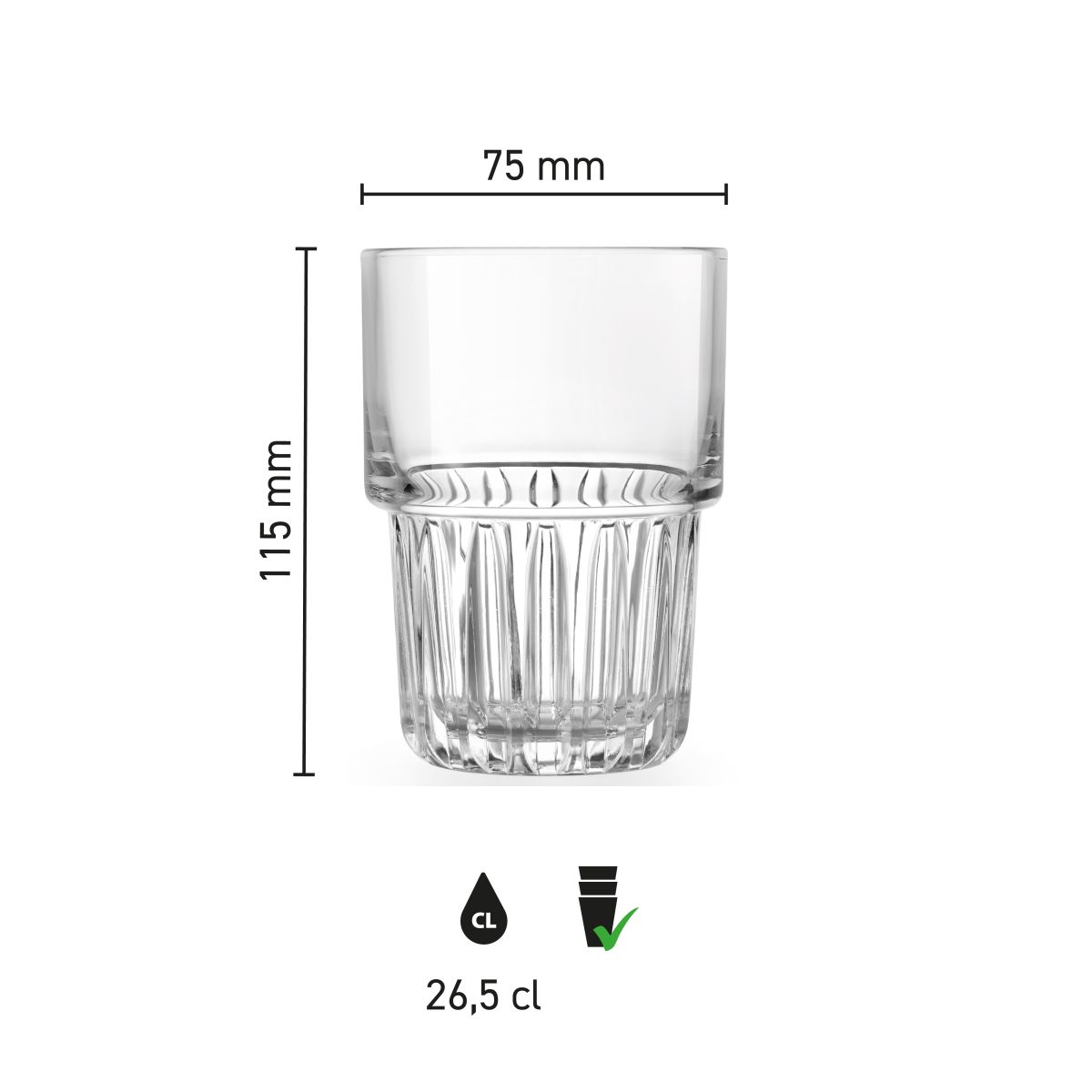 Infographic toont hoogte, diameter en wanddikte van longdrinkglas Onis Everest 26,5 cl.
