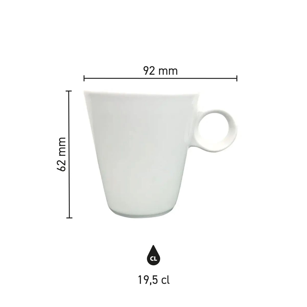 Overzicht van de afmetingen van de Lukas cappuccinokop 19.5 cl wit porselein in grafische weergave.