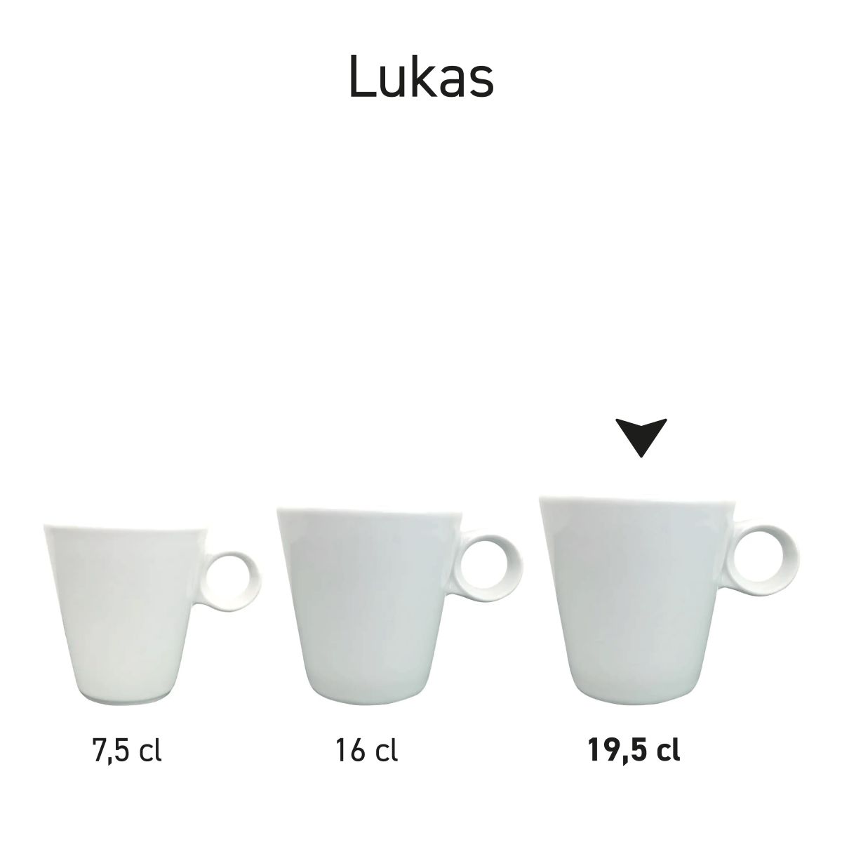 Serie witte Lukas cappuccinokoppen van porselein, geordend naast elkaar.