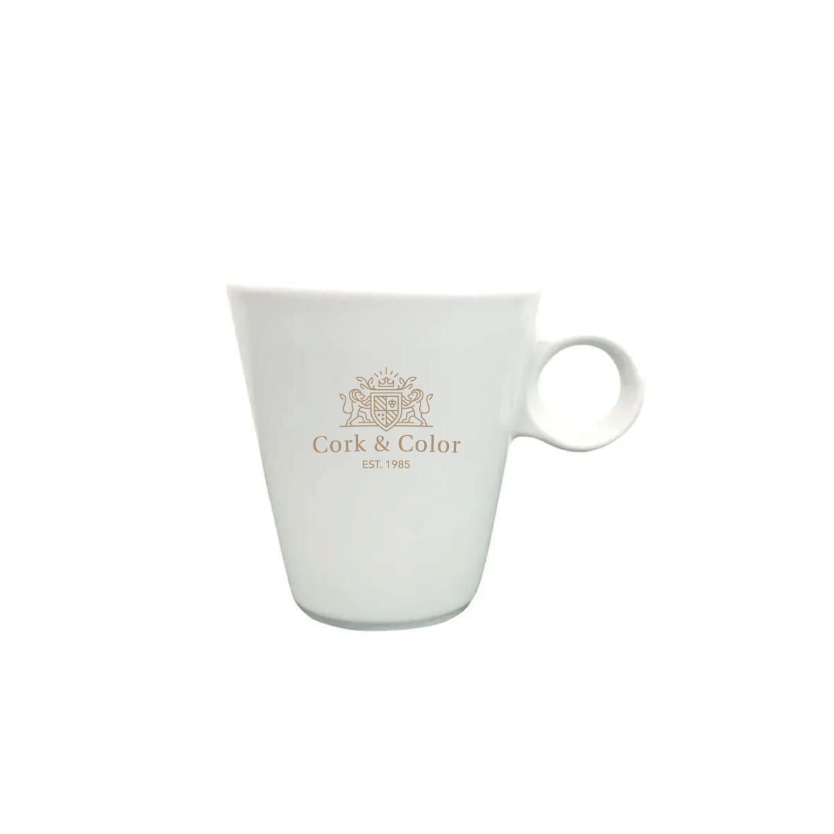 Witte espresso kop van 7,5 cl met éénkleurig CorkColor-logo bedrukt op de voorzijde.