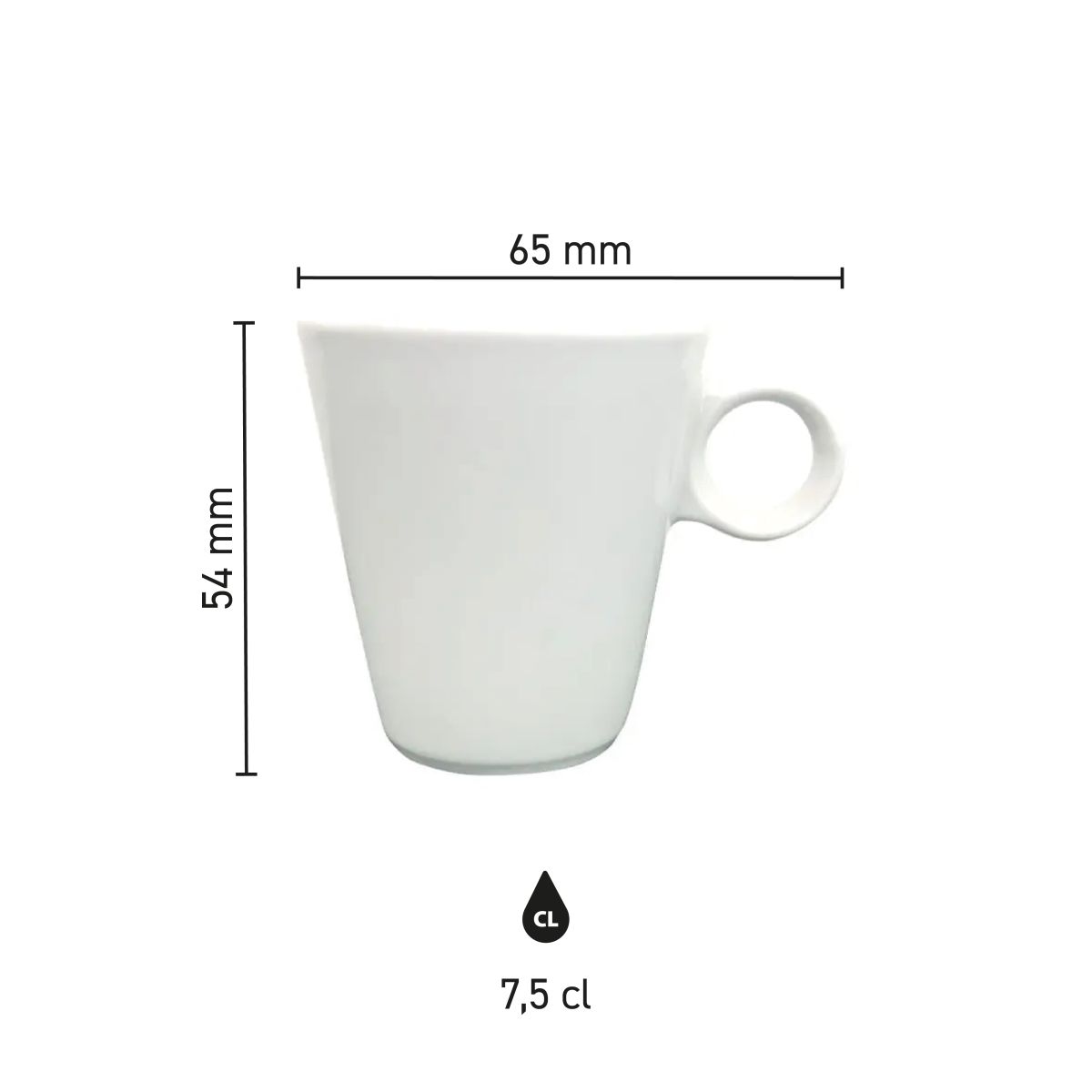 Infographic met productafmetingen van de Lukas espresso kop 7,5 cl, inclusief hoogte en diameter.