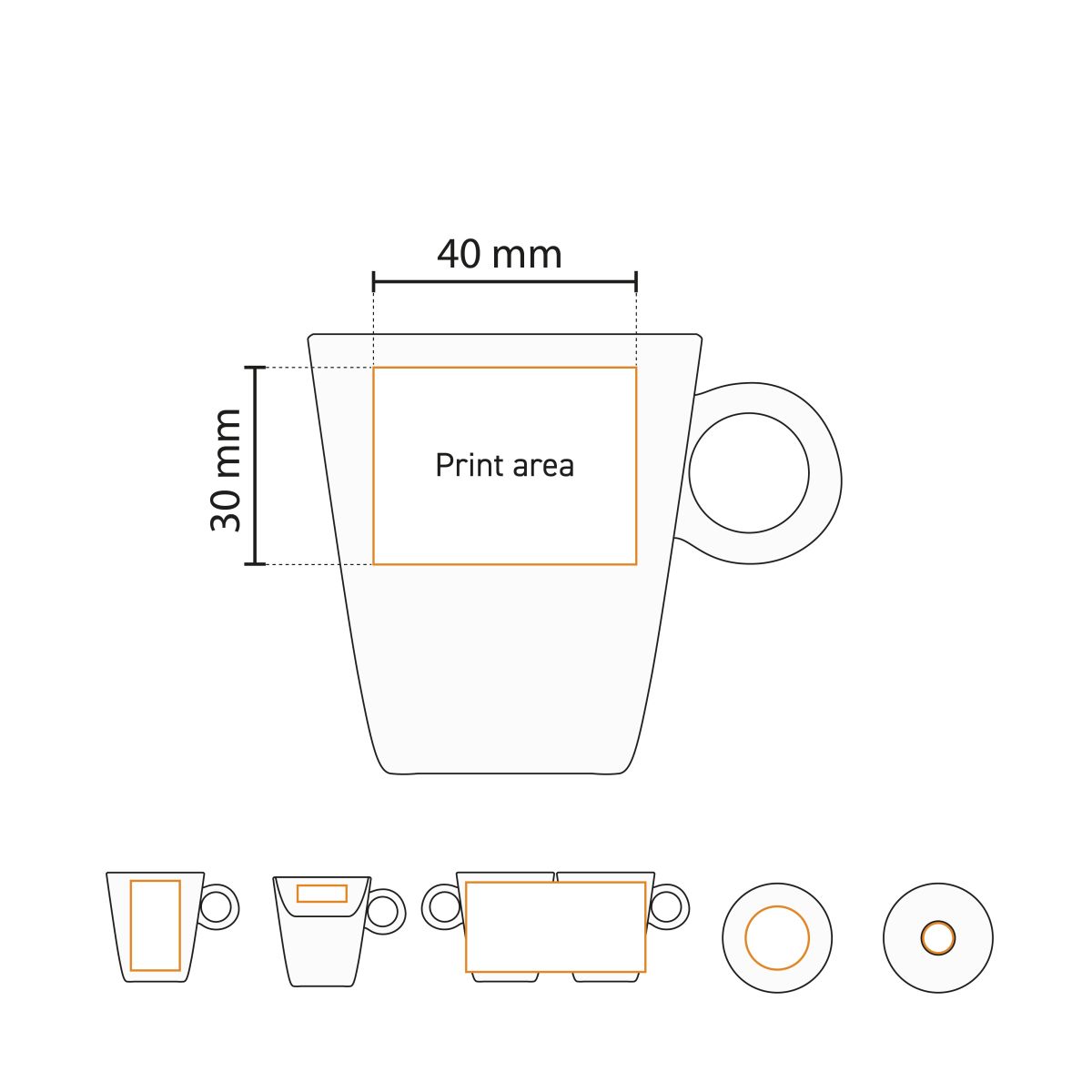 Technische werktekening van de Lukas espresso wit 7.5 cl. SET met aanduiding van het drukgebied.