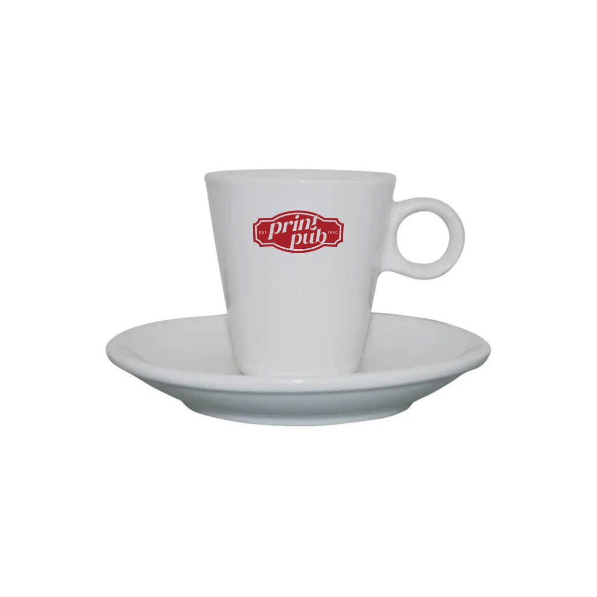 Lukas espresso wit 7.5 cl uit SET met PrintPub-logo in één kleur op het vooraanzicht van het porselein.