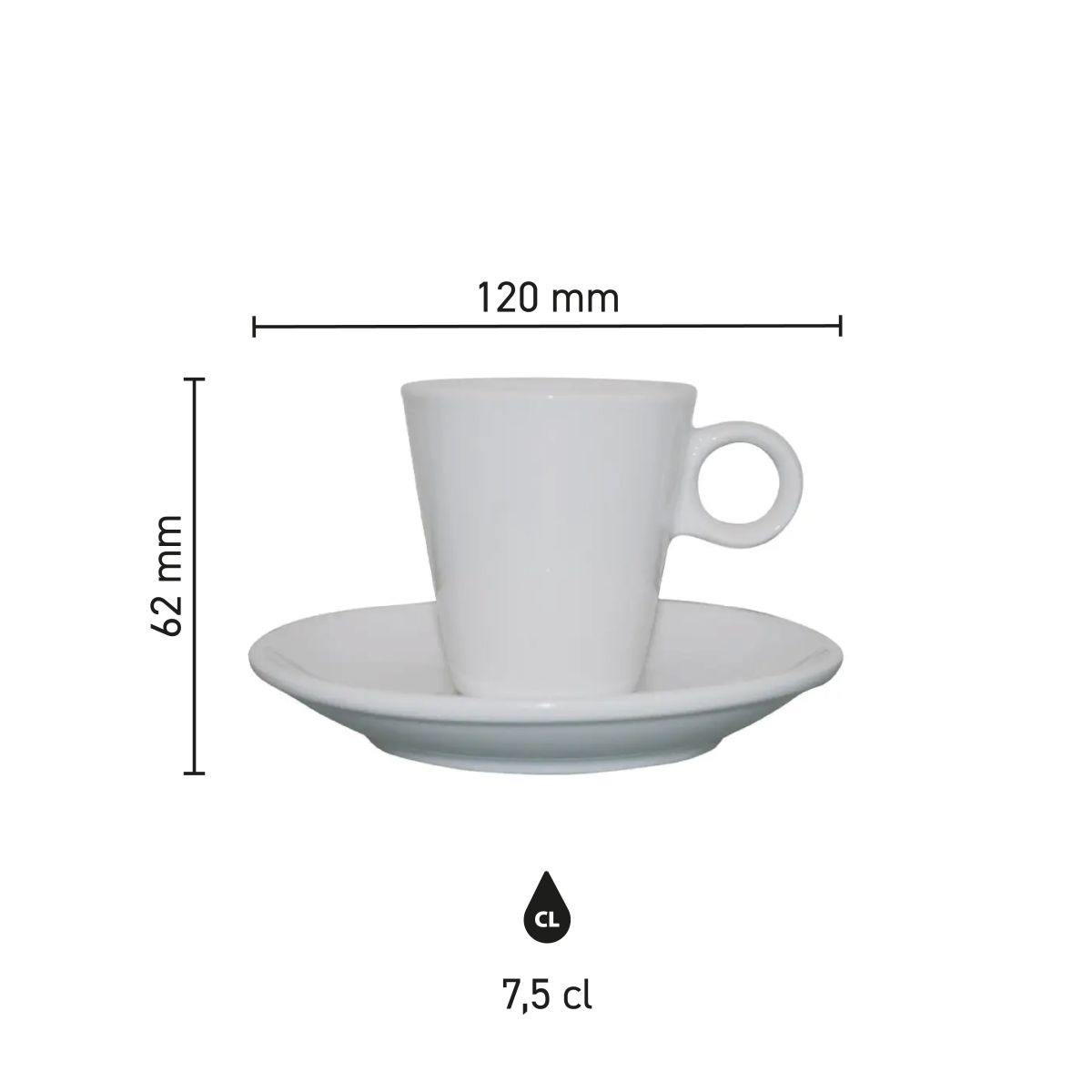 Infographic met productafmetingen van de Lukas espresso wit 7.5 cl SET porselein.