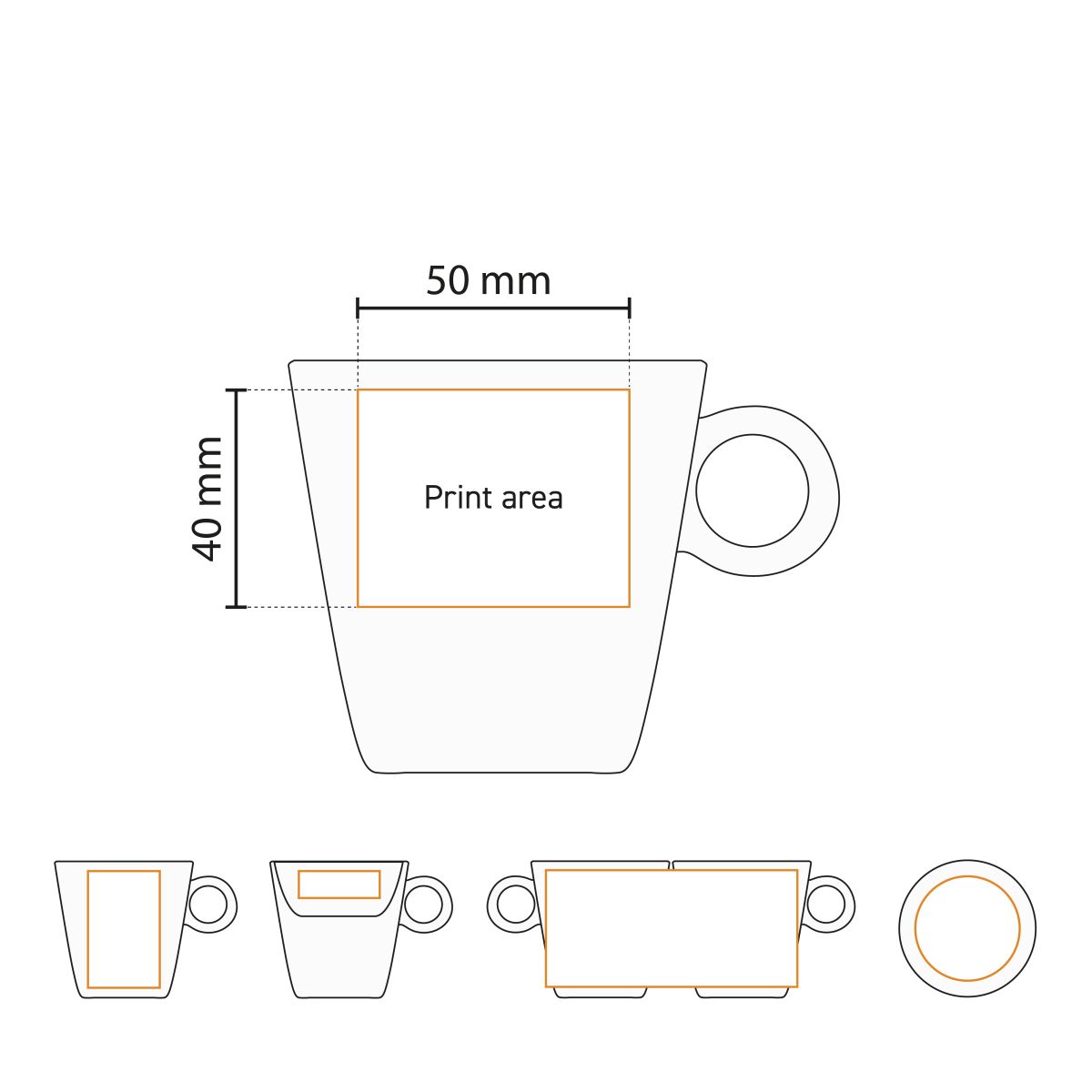 Technische werktekening van de Lukas koffiekop 16 cl. met aanduiding van het drukgebied.